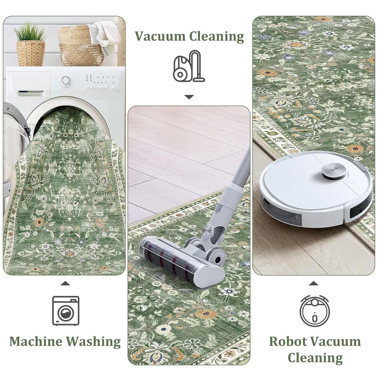 Yamaziot Washable Runner Rug 2x6 – Non Slip Boho Floral Hallway Runner Rug with Rubber Backing, Low Pile Faux Wool Distressed Carpet for Kitchen, Laundry, Bedroom, Entrance, Mottled Green