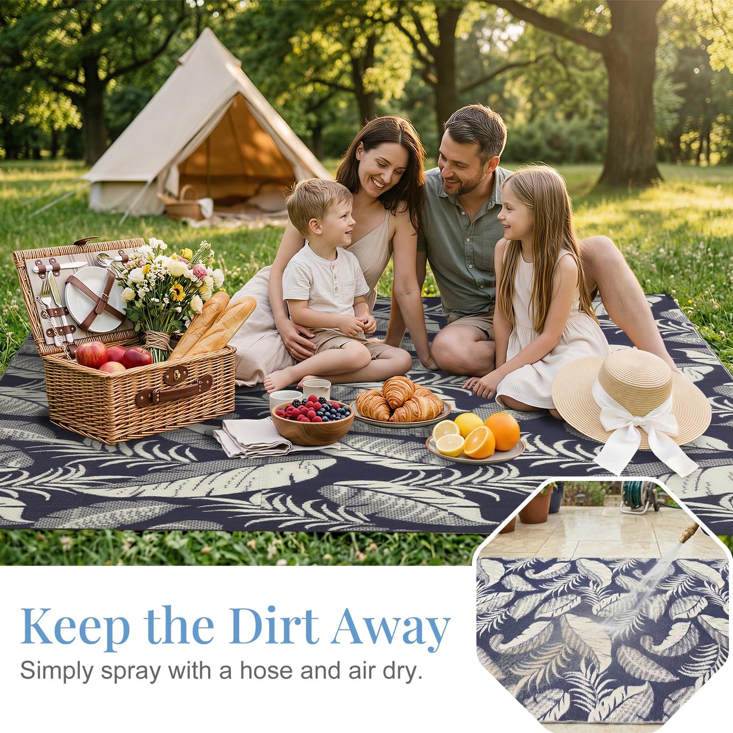 OPPODREAM Reversible Outdoor Rug 8x10, Waterproof Outdoor Plastic Straw Rug for Patio, Tropical Leaf RV Camping Rugs for Outside, Deck, Balcony, Porch, Backyard, Camping, Rv, Navy and Beige