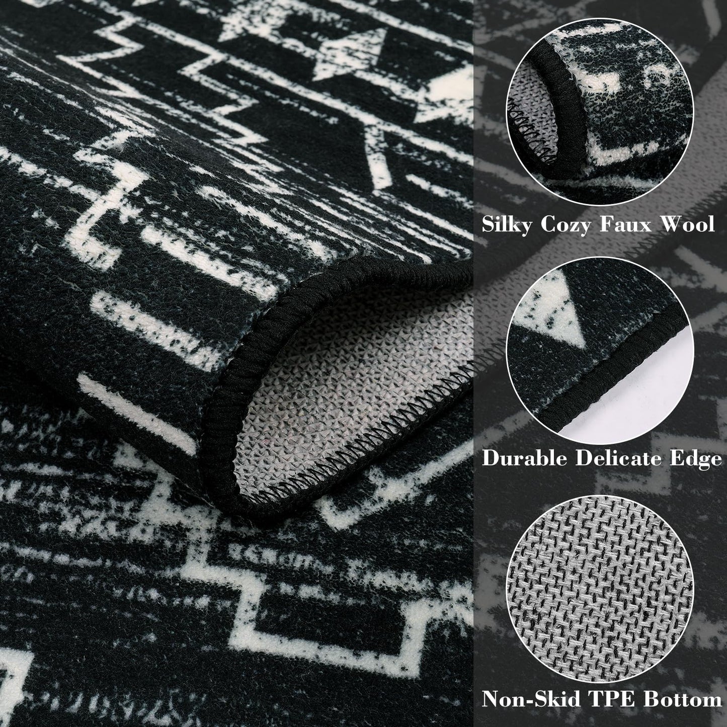 Wonnitar Moroccan 3x5 Rug, Black Washable Small Rug for Bedroom, Non-Slip Geometric Tribal Entry Throw Mat, Boho Farmhouse Rustic Soft Low Pile Area Rug for Bathroom Dining Guest Room (Black,3'x5')