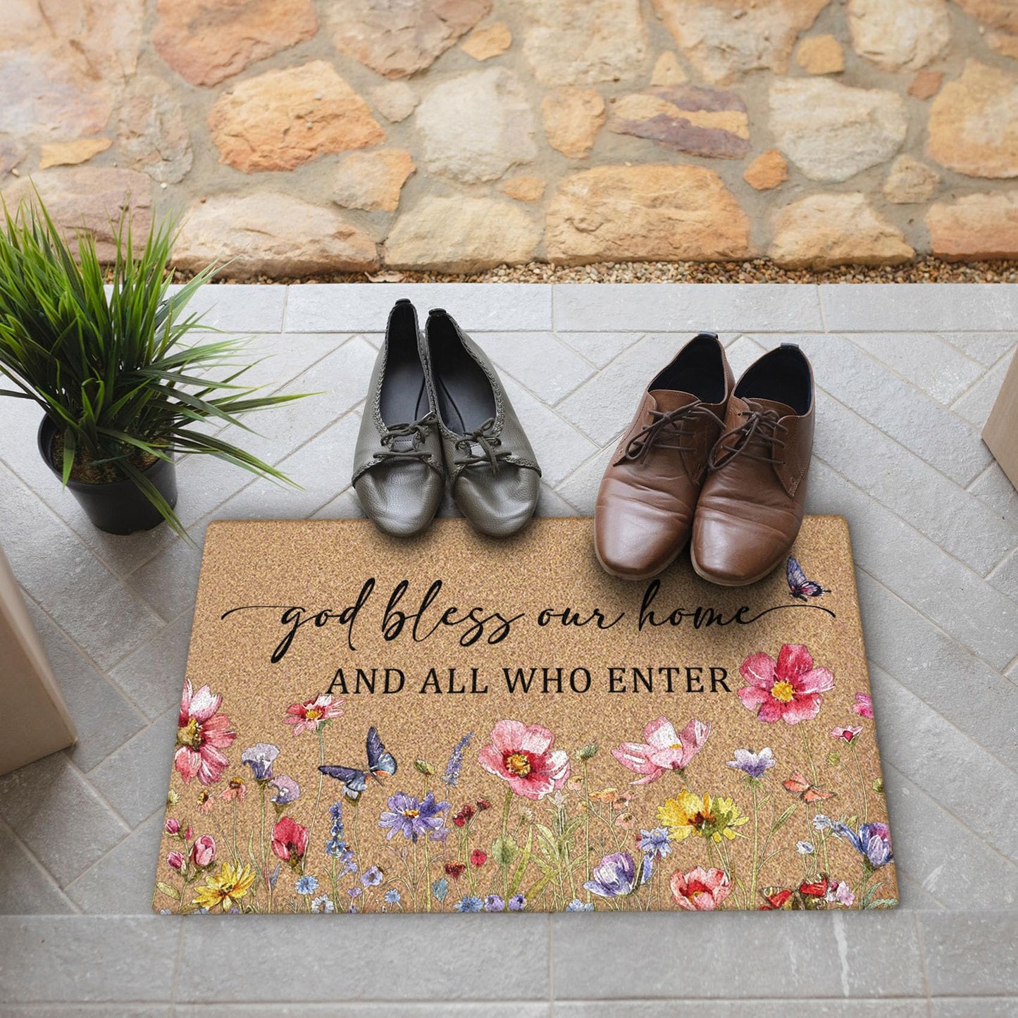 BitKAM Christian Floral Coco Coir Doormat Door Welcome Mat for Home Entrance Front Door, God Bless This Home All Who Enter, Bible Verse Wildflower Floor Mats for Outdoor Outside Entryway 30x17 Inch