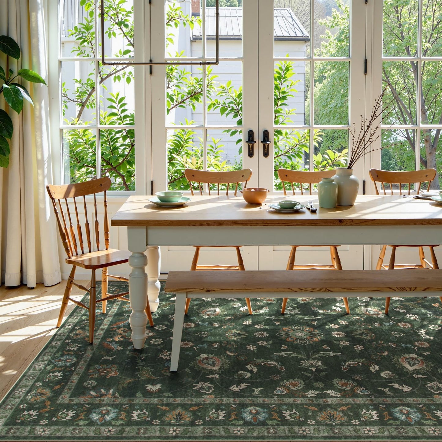 Hedlive 6' x 9' Vintage Floral Area Rug, Washable Green Living Room Rug with Non-Slip Backing, No Shedding, Stain Resistant Carpet for Bedroom Dining Room Under Table Home Office Apartment