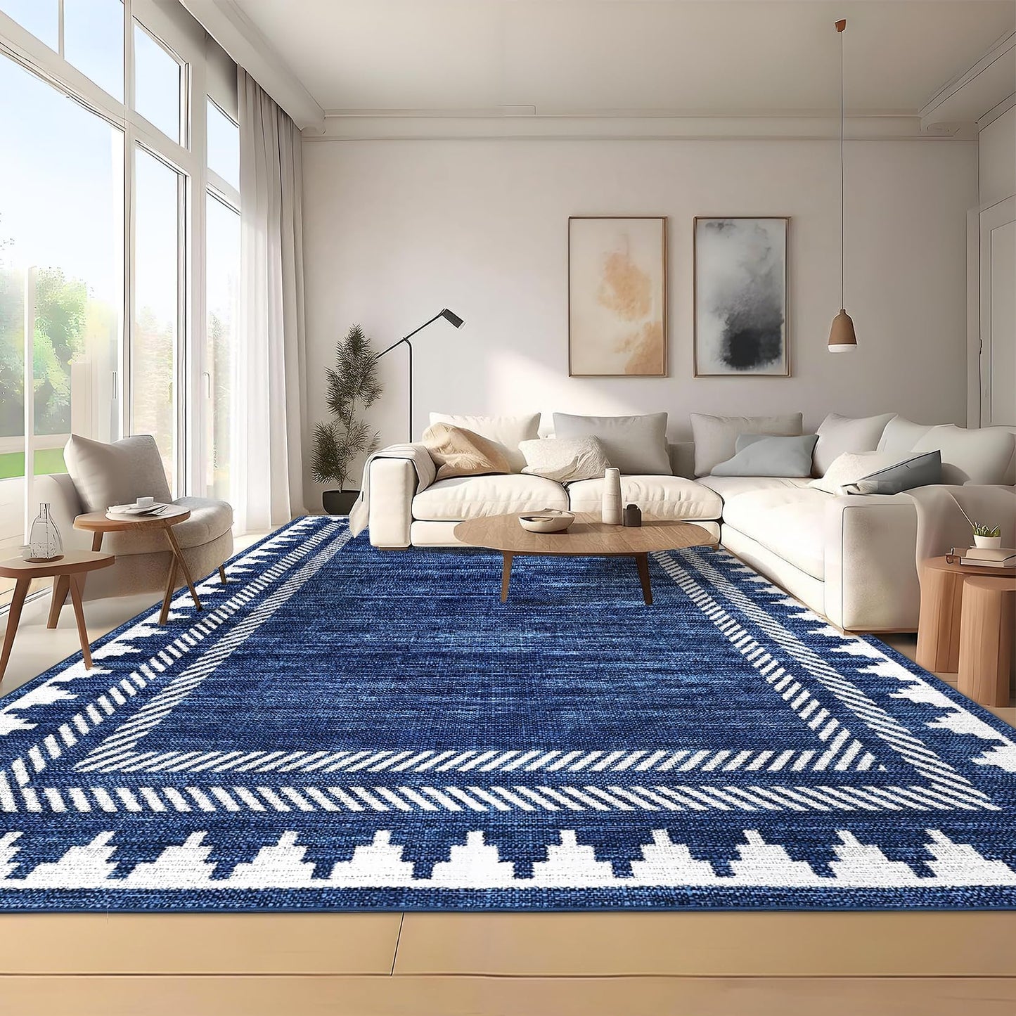 Garvee Washable 9x12 Area Rug Modern Solid Living Room Rug, Large Bordered Rugs for Bedroom Neutral Carpet 9 x 12 Rugs for Farmhouse Dining Room Non-Slip Stain Resistant Under Table Blue Rug