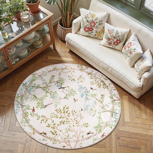 jinchan Yarden Round Rug 6ft, Vintage Distressed Botanical Birds Print Rug, Machine Washable Ultra Thin Low Pile Non Slip Area Rug, Ivory Circle Rug for Living Room Bedroom