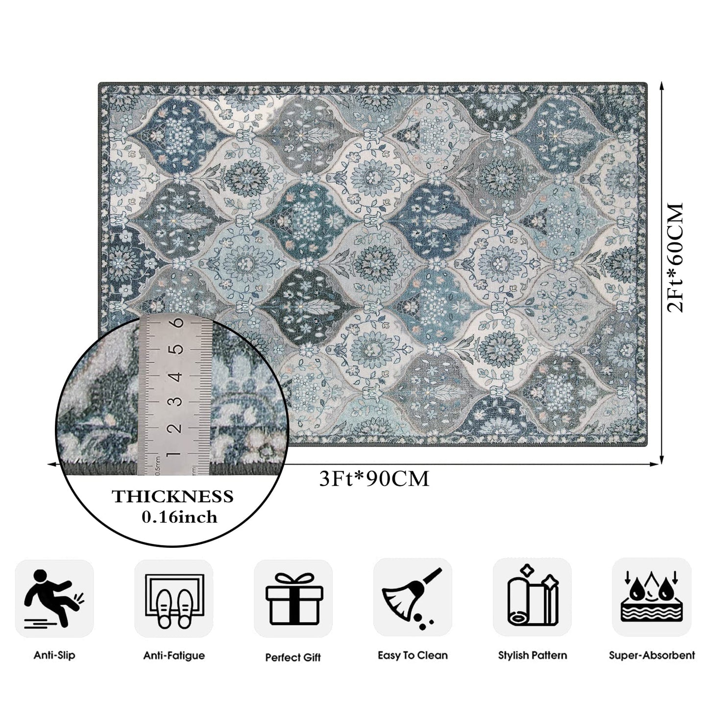 Lahome Moroccan Trellis Front Door Mat Indoor Entrance, 2x3 Rugs for Entryway Non-Slip Washable Indoor Door Mat, Oriental Accent Small Rug for Kitchen Bedroom Bathroom Elise, Blue