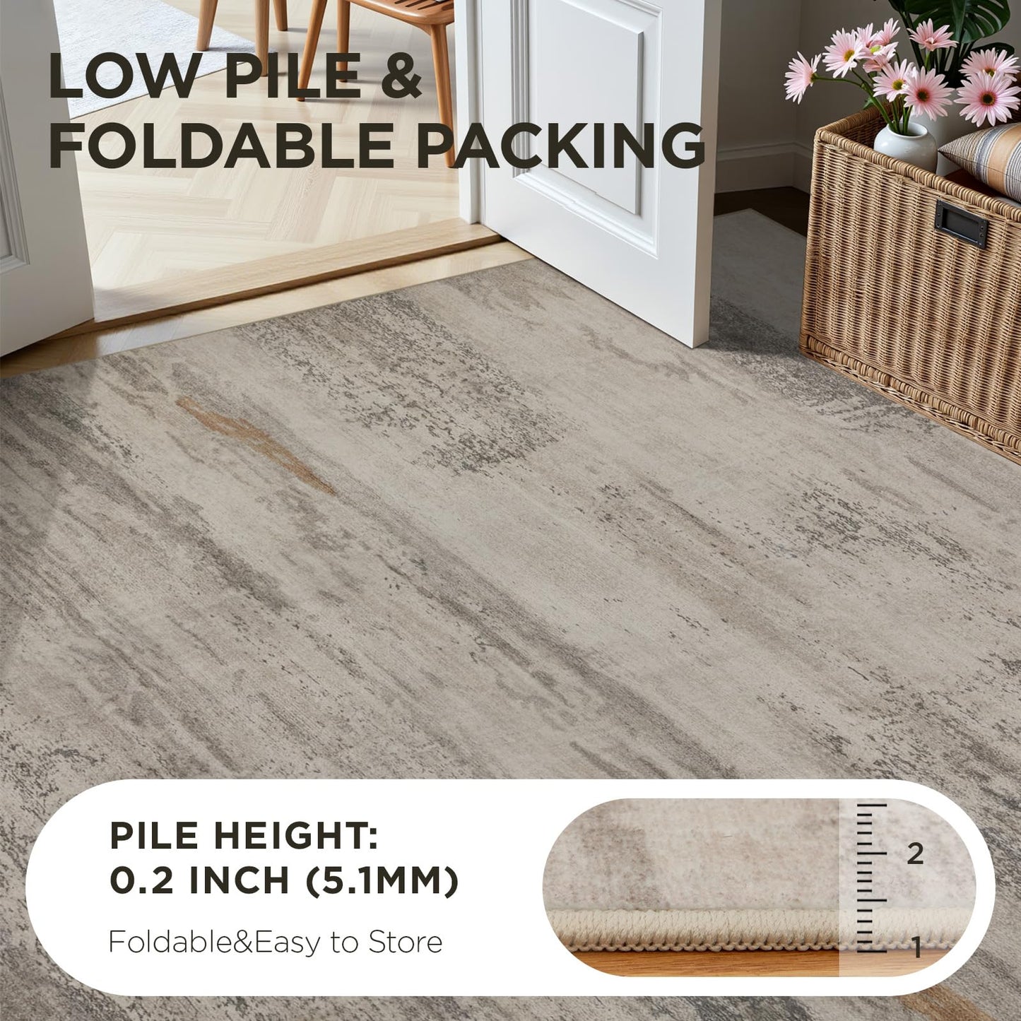 Joydeco Modern Abstract Washable 5x7 Area Rugs for Living Room, Machine Washable Bedroom Rug, Faux Wool Print Non-Slip Neutral Low Pile Stain Resistant Carpet for Dining Room Nursery Home Office Decor