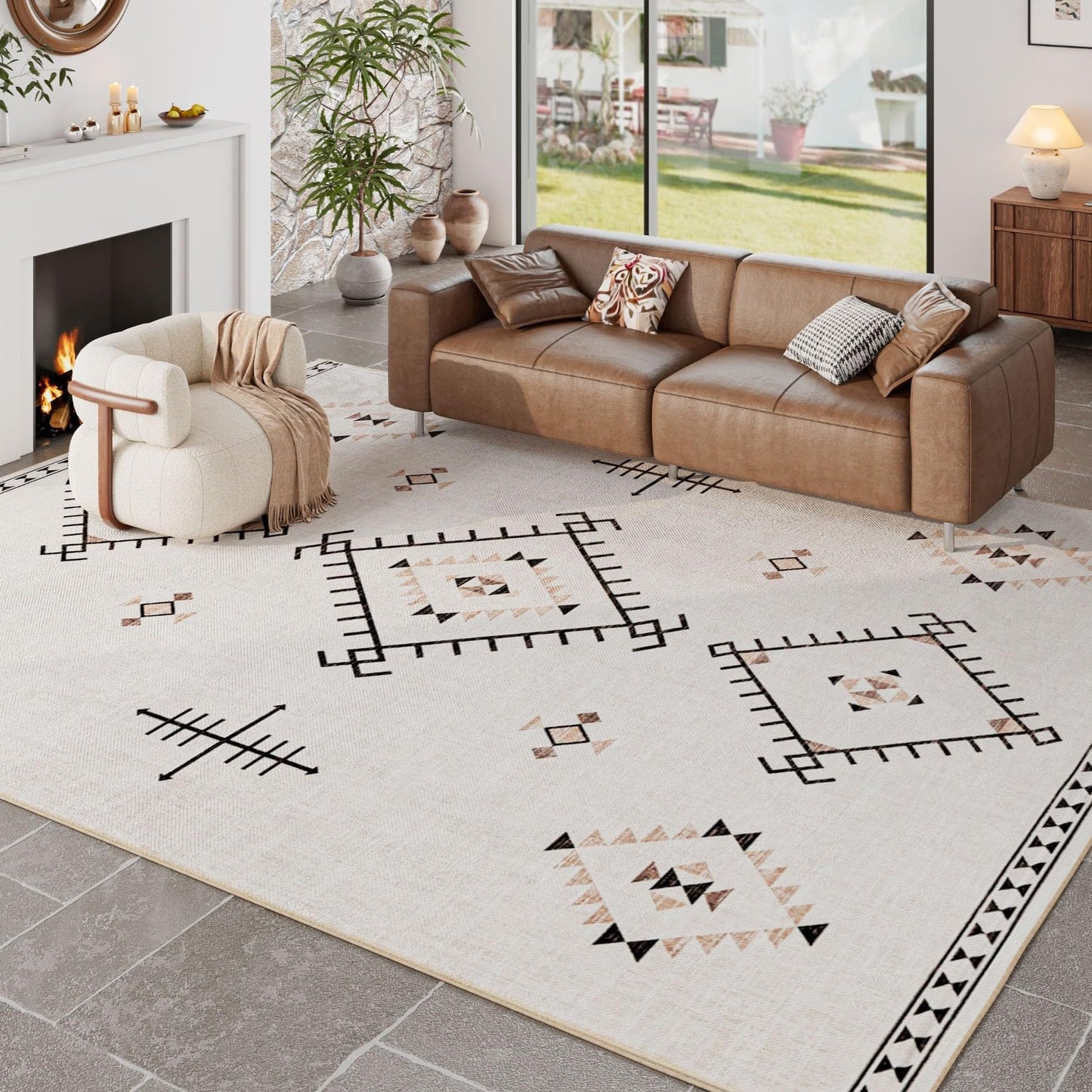 ILANGO Area Rug 8'x10' for Living Room Bedroom Machine Washable Moroccan Boho Rugs for High Traffic Area Non Slip & Non-Shedding Rugs Fade Resistant Carpet for Kitchen Office (Beige)