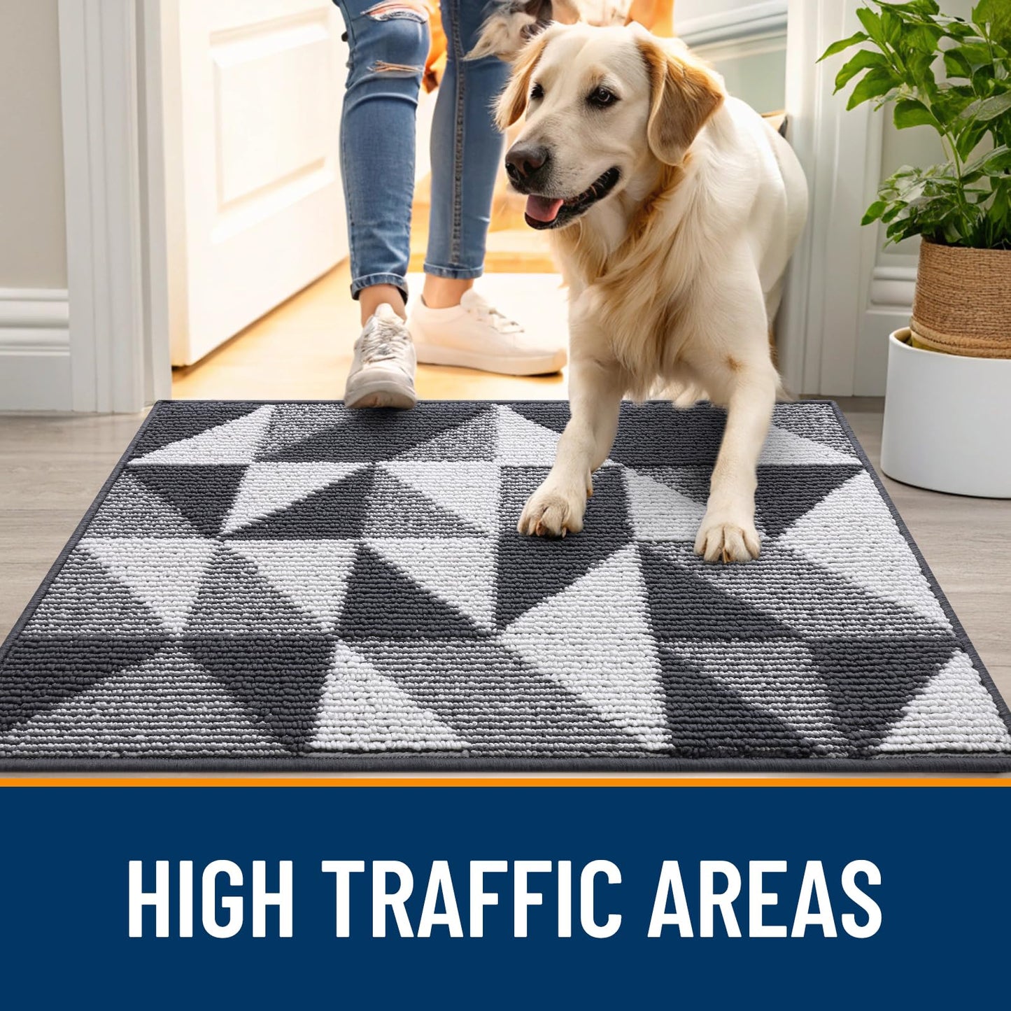 OLANLY Door Mat Indoor Entrance Washable 32x20, Odor-Free Low-Profile Front Back Geometric Doormat, Absorbent Resist Dirt Entry Carpet, Easy to Clean Sturdy Inside Floor Mats for Entryway, Dark Grey