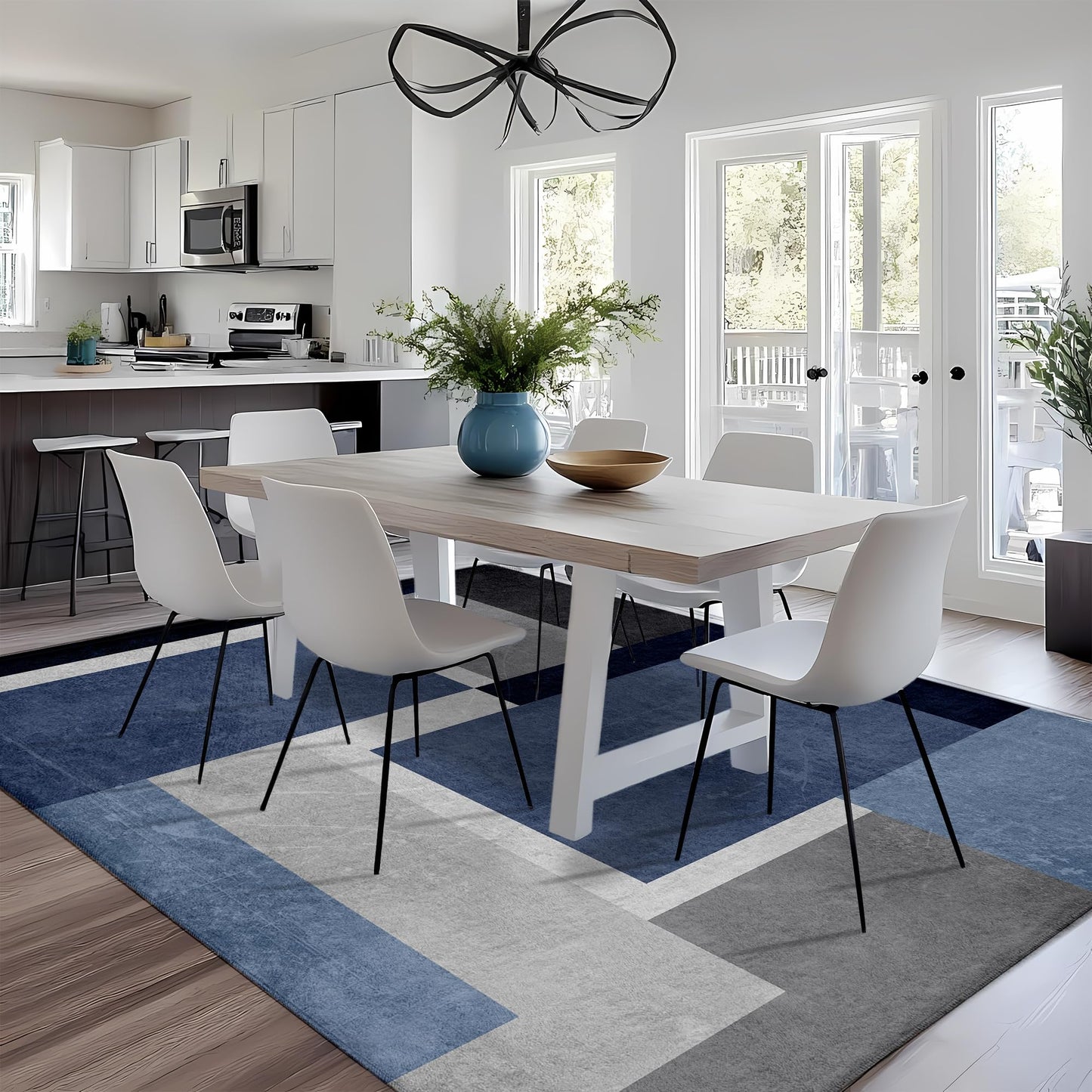 AICLIV Washable Low-Profile Geometric Area Rug, 0.2 inch Thin Abstract Rug Design for Living Room & Bedroom Decor, 5x7 ft Blue Grey Modern Non-Slip Floor Rug