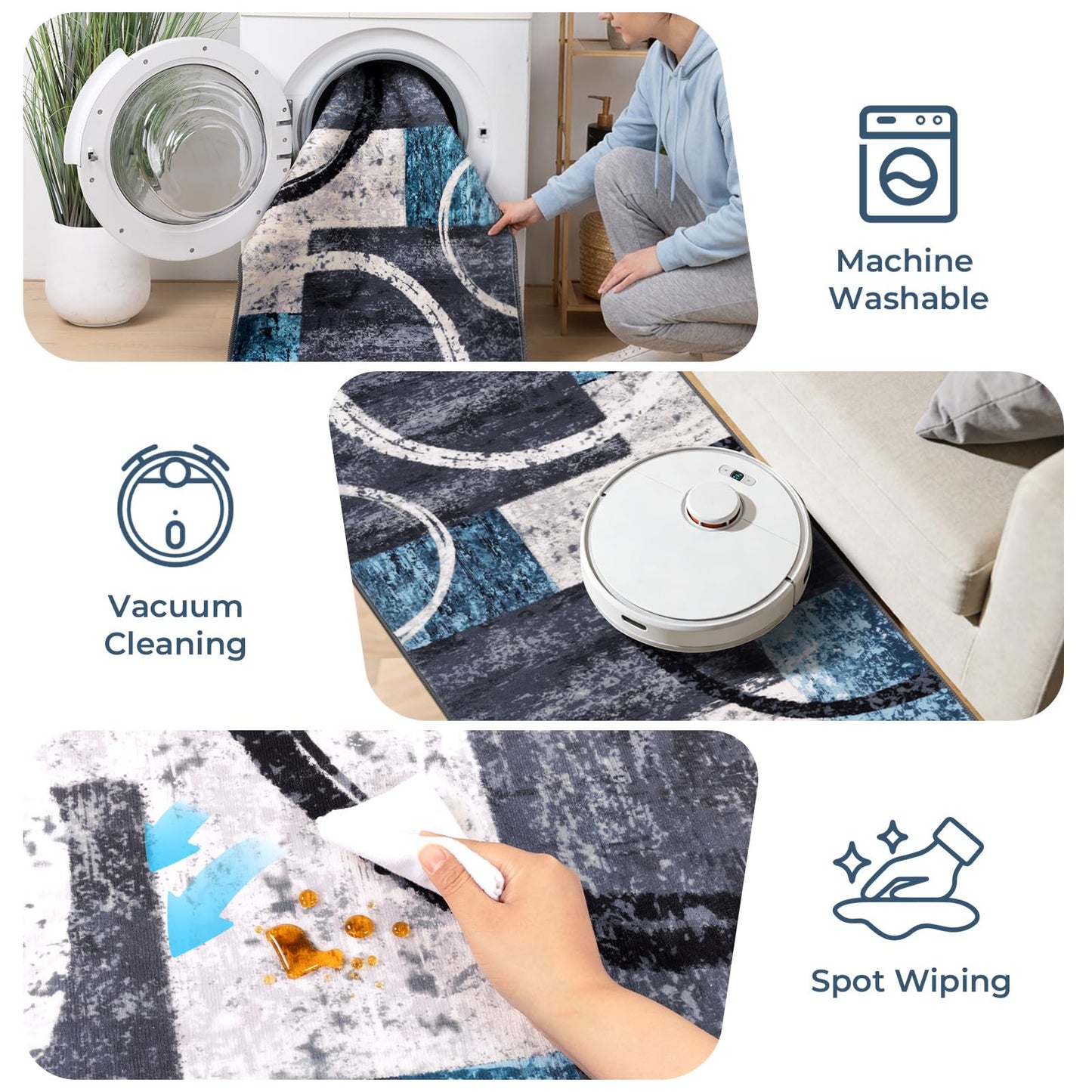 Yamaziot Modern Abstract Runner Rug, Ultra Soft 2x8 Washable Rug with Non-Slip Backing, Low Pile Patchwork Throw Carpet for Hallway, Entryway, Kitchen, Bedroom (Blue, Geometric Circle)