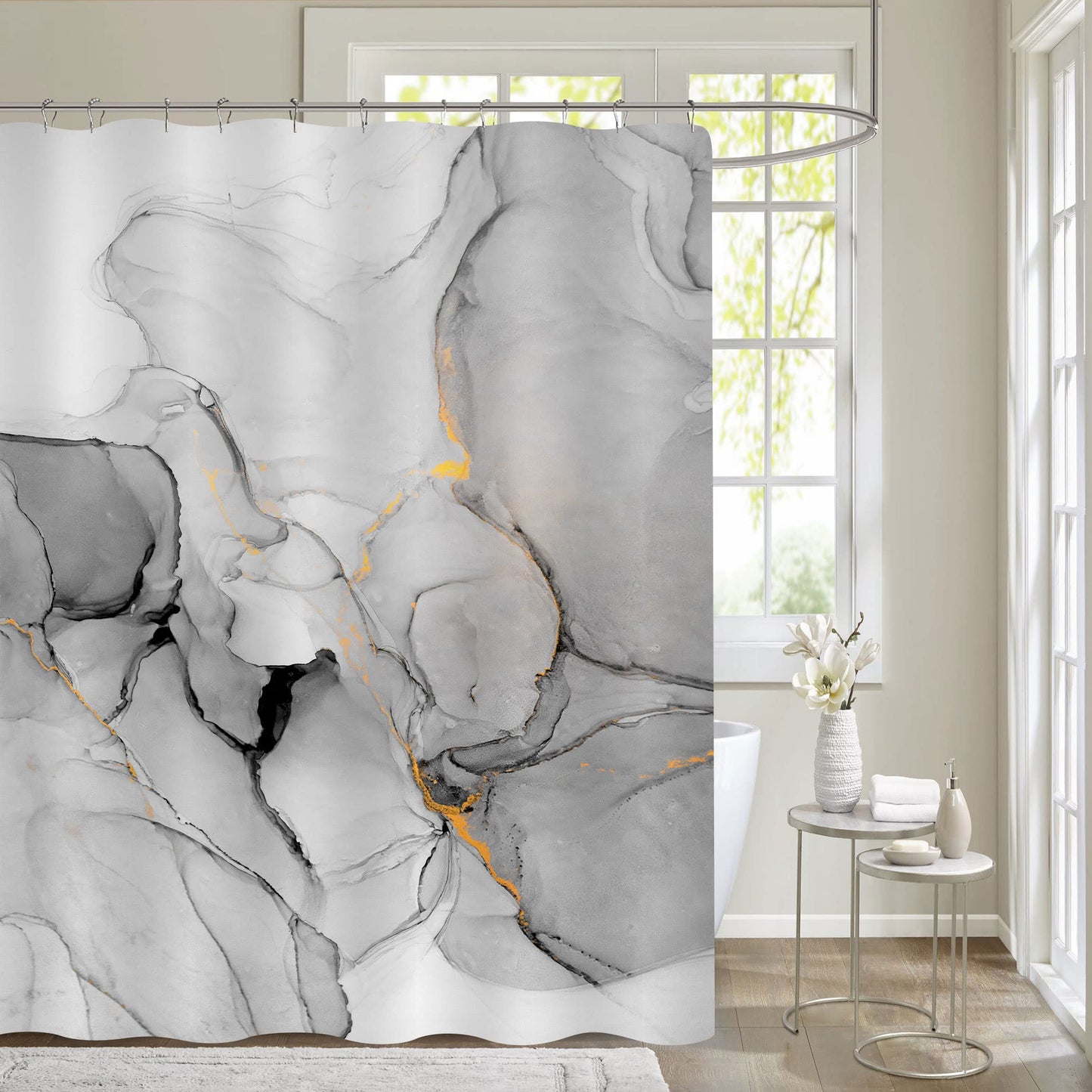 Gibelle Grey Marble Shower Curtain,Bath Mat Rug 20"x32", Grey