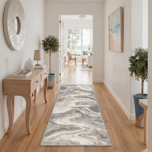 BESBLEE 2x5 Runner Abstract Rugs for Hallway and Kitchen, Machine Washable Non Slip Low Pile Print Rug for Laundry Room Bedroom Bathroom Entryway, Liquid Marble, Dusty Greige