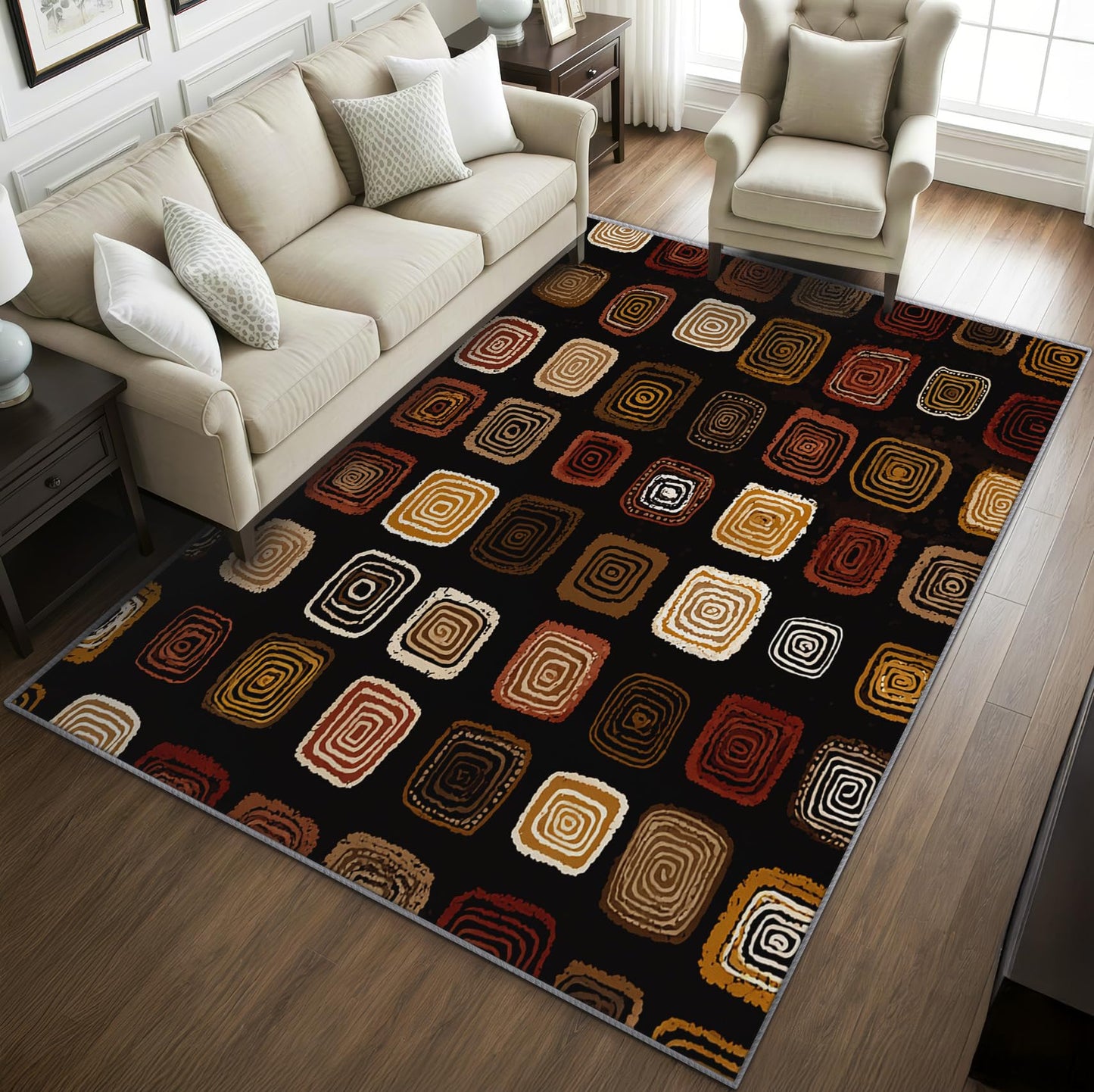 Phtbz Mid Century Rugs for Living Room -Retro Geometric Rug, 5x8 ft, Earth Tone Area Rug, Neutral Square Pattern Washable Non-Slip Stain Resistant, Modern Abstract Home Decor & Gifts