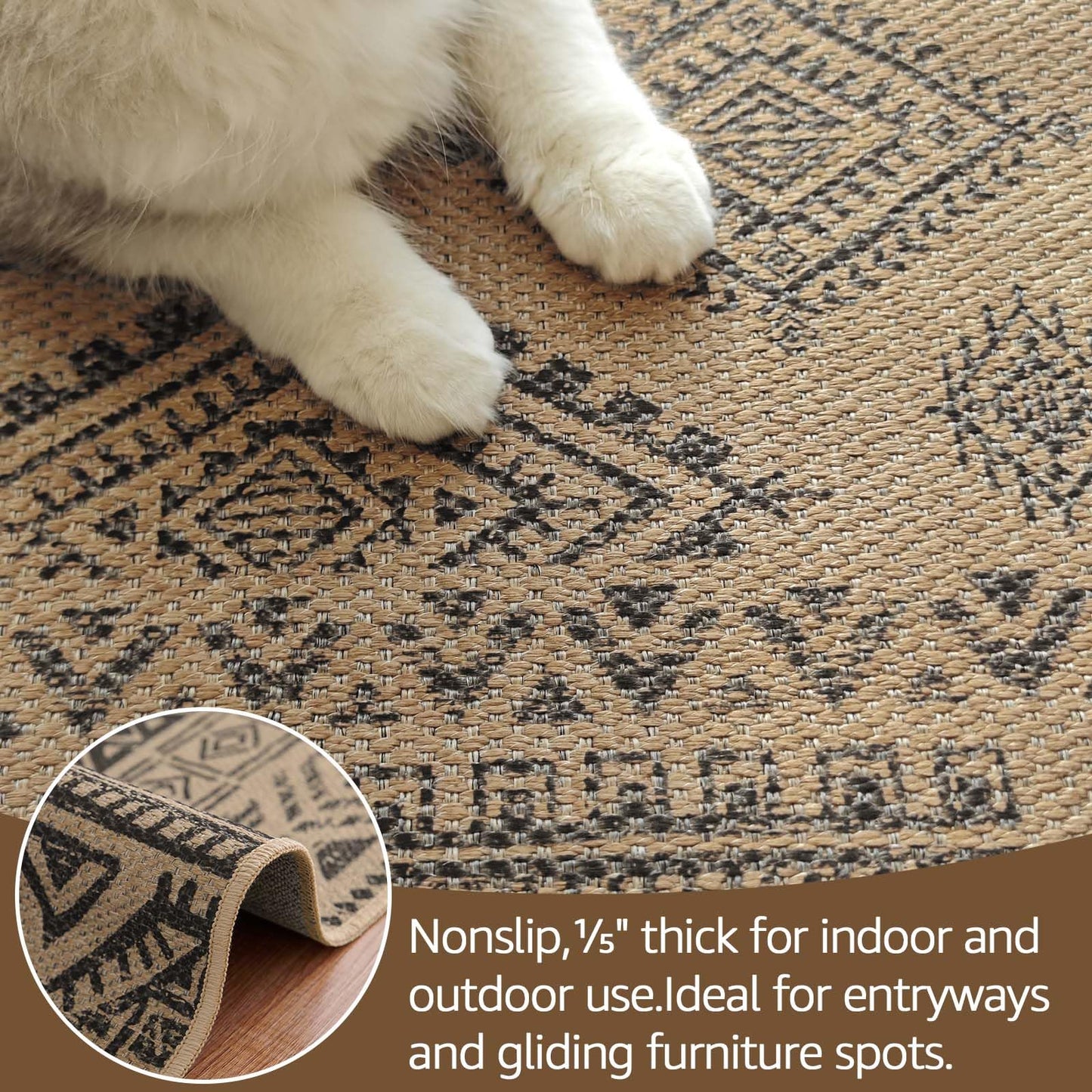 jinchan 3x8 Washable Faux Jute Runner Rug, Boho Southwestern Geometric Long Runner Rug with Natural Fiber Look, Low-Pile Non-Slip Floor Mat for Hallway Kitchen Living Room Entryway, Natural Charcoal