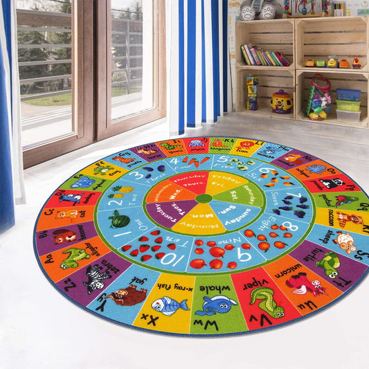 HEBE Kids Play Rug 4ft ABC Alphabet Numbers Shapes Educational Kid Area Rug Washable Baby Crawling Mat Non Slip Kid Play Mat Carpet for Girl Boy Bedroom Playroom