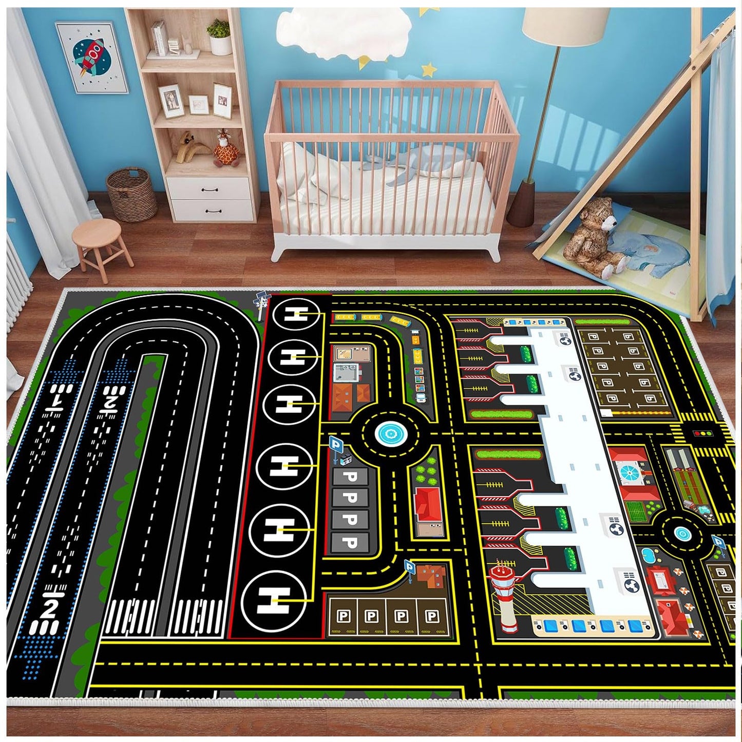 YSYTLCL Airport Rug for Boys Playroom Airplane Playmat for Play Toy, 31''x41'' Airport Parking Track Rug Carpet for Playroom Classroom Kids Room, Play Floor Mat Great Gift for Boy Girl.