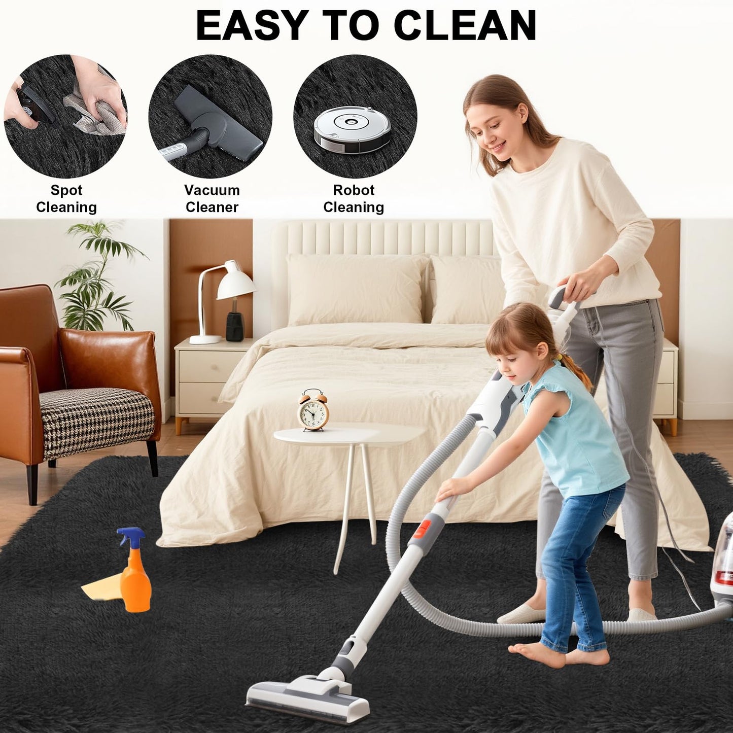 Large Shag Area Rugs 5x7 for Living Room, Ultra Soft Fluffy Black Rugs for Bedroom, Shaggy Living Room Rug, Plush Fuzzy Bedside Rug, Floor Carpets for Kids Dorms Room Home Decor, Upgrade Anti-Skid