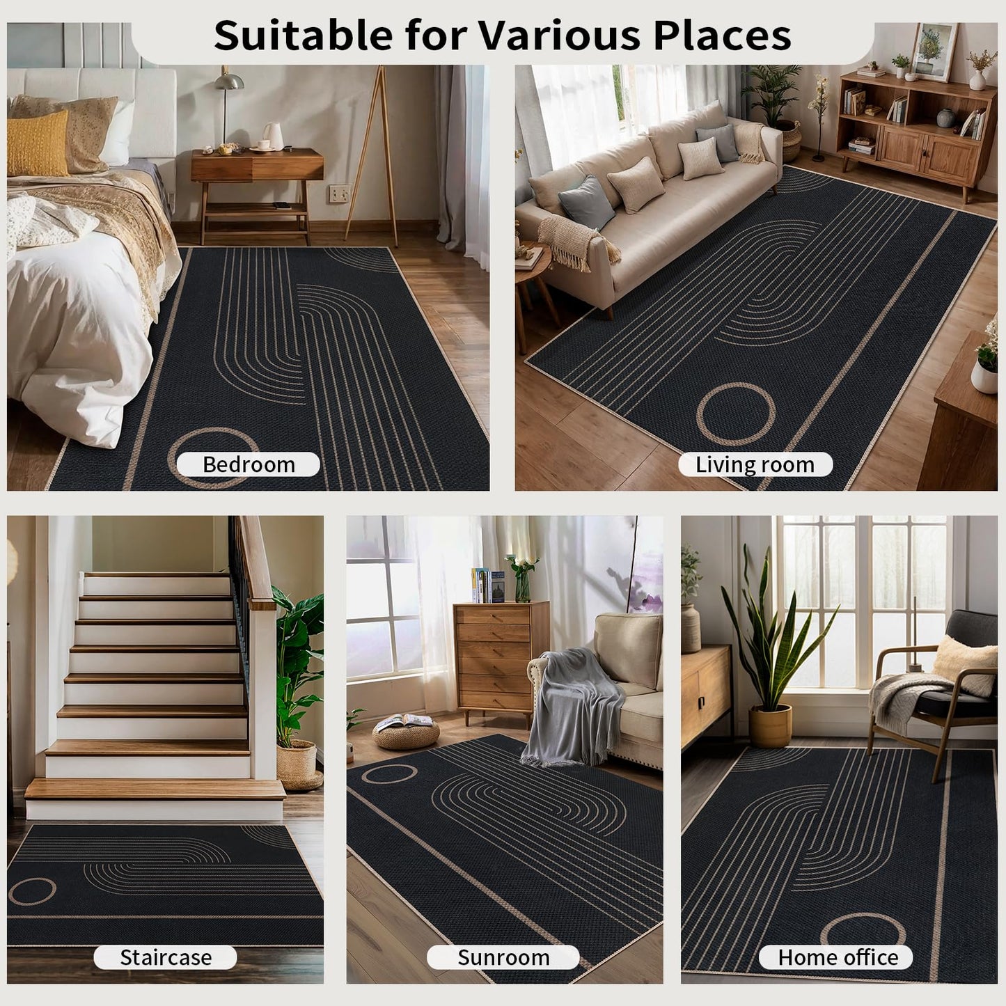Tangsoo 2x3 Easy Jute Rug for Entryway,Washable Ultra Thin Small Area Rug Non-Slip Black Outdoor Mat, Modern Geometric Line Front Door Carpet for Kitchen Bedroom Porch Doorway Entrance