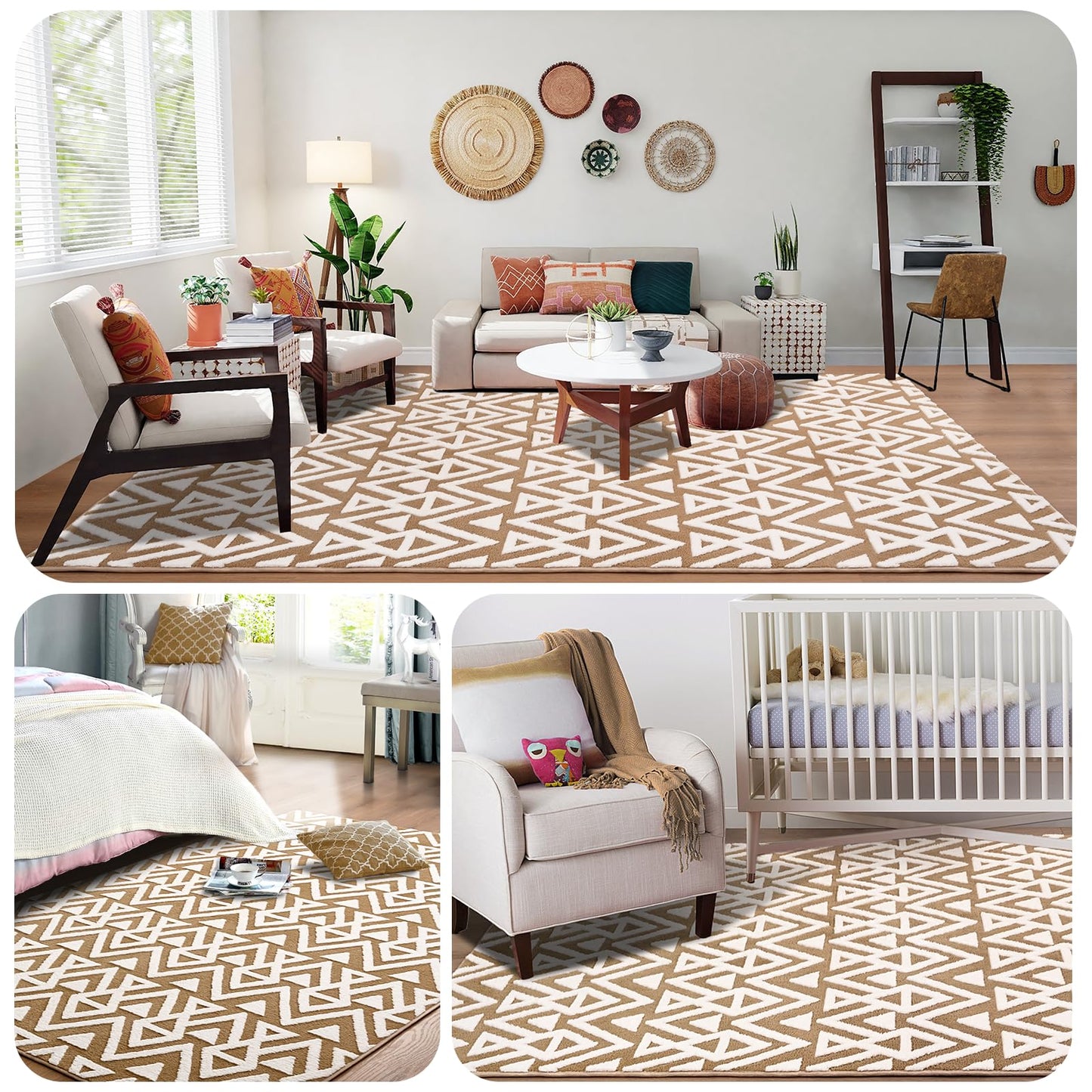 Ompaa Ultra Soft Shaggy Rugs Memory Foam Bedroom Carpet, Beige 7 x 10 Feet Large, Plush Geometric Textured Area Rugs for Living Room Couch Dorm Bedside Kids Girls Teens Room Nursery Decor Floor Mat