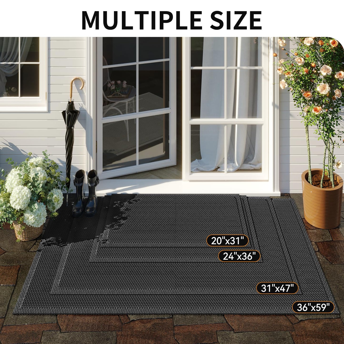 QiCaiJia Front Door Mat 20''x31'', Drainage Heavy Duty Dirt Trapping Non-Slip Doormats, Outdoor Rubber Floor Mats, Restaurant Commercial Kitchen Industral Pool Entrance Bar Wet Area, Black