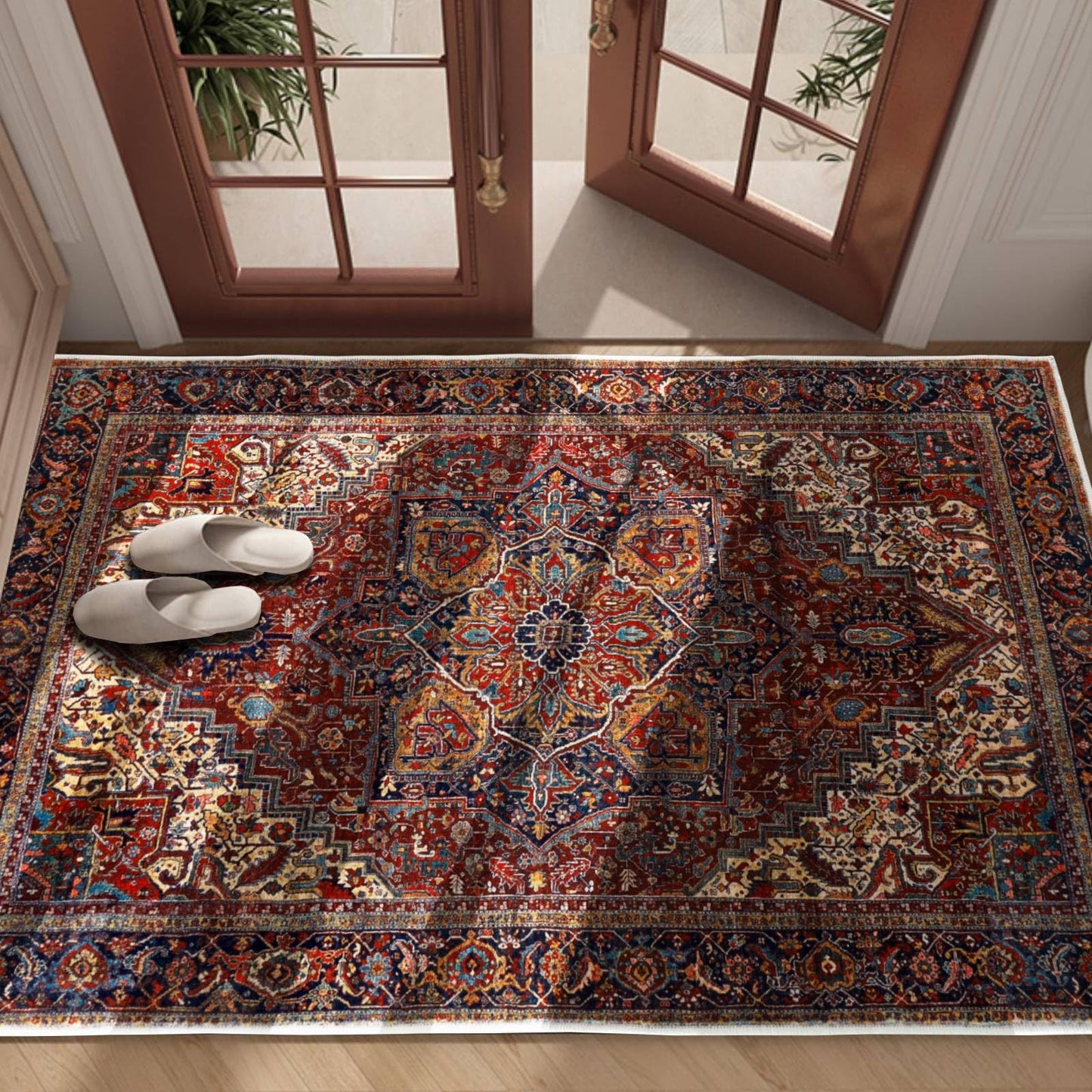 PESSEN Red 3x5 Washable Area Rug, Low Pile Indoor Rug for Entryway Kitchen Bedroom Laundry Room, Non Slip Rubber Backing, Pet & Kids Friendly, Stain & Fade Resistant