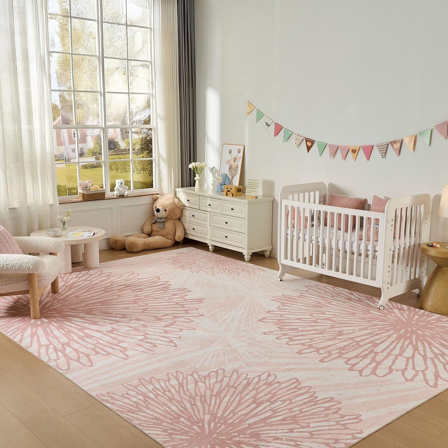 Pink Rugs for Bedroom Girls: 12x15 Modern Large Washable Soft Cute Boho Floral Pattern Area Rug Neutral Indoor Floor Non-Slip Carpet for Living Room Dining Nursery Kids Playroom Baby Room House Decor