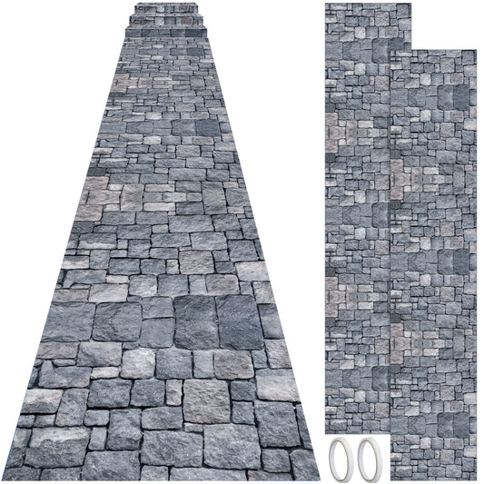 Fabbay 2 Pack 10ft Cobblestone Aisle Runners Medieval Party Decorations Polyester Brick Stone Printed Floor Runners for Medieval Castle Knight Themed Party Supplies Castle Table Cover