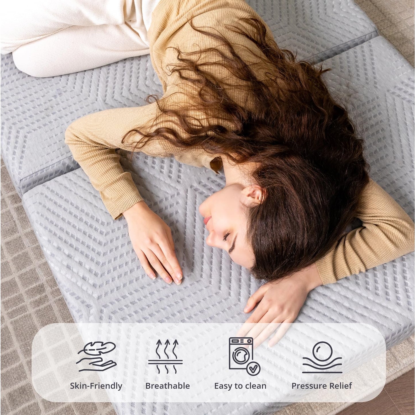 CH Charme House Folding Mattress Topper, 4 Inch Single Tri Folding Memory Foam Mattress Topper for Camping Guest Bed, Washable Cover & Non-Slip Bottom, 75" x 25" x 4", Grey