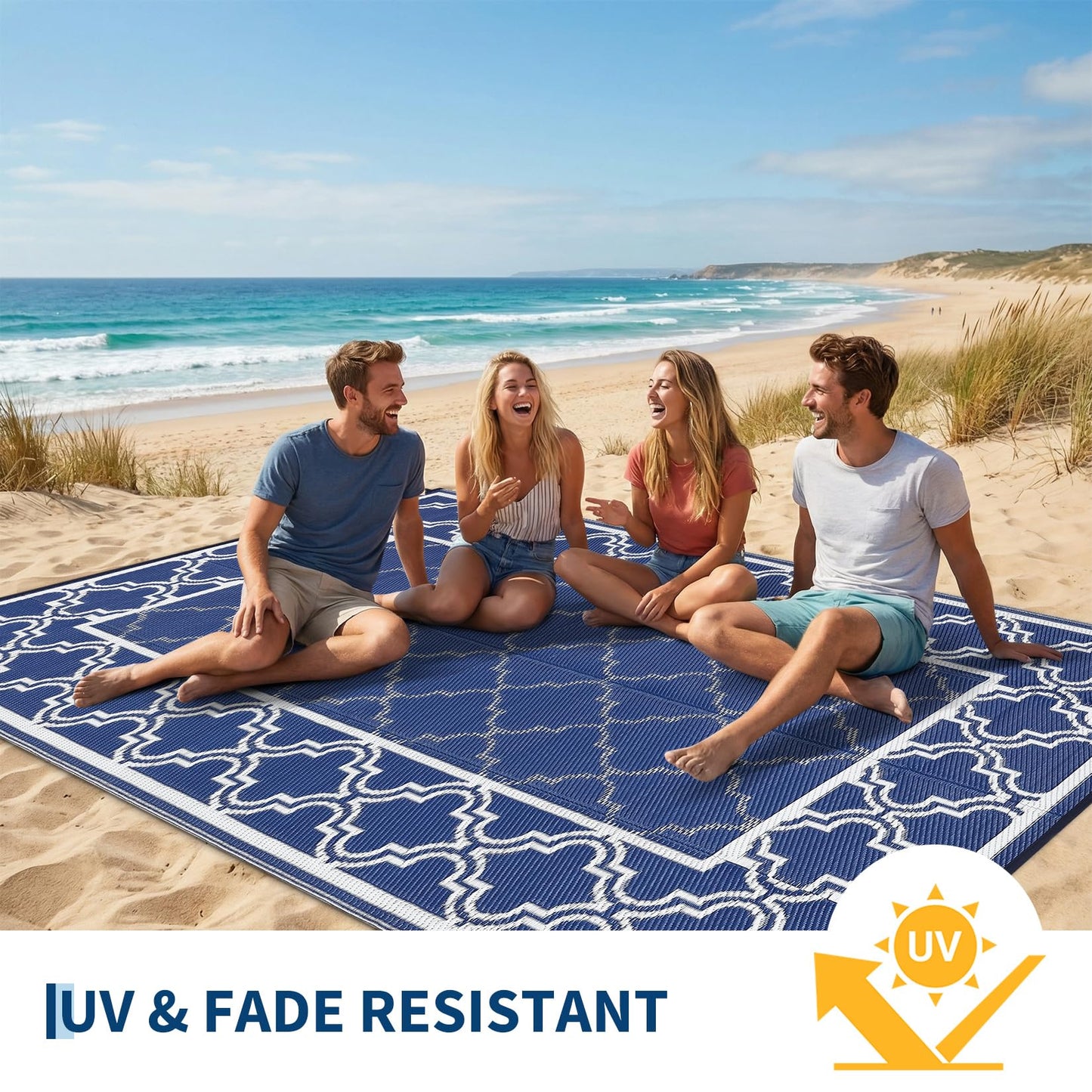 Garvee Reversible Outdoor Rug 5x8, Waterproof Outdoor Plastic Straw Rug with Interlacing Pattern, RV Mat for Picnics, Patio, Camping, Balcony, Deck, Backyard, Porch, Blue