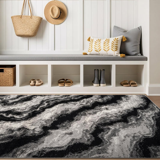 Rugshop Modern Contrast Indoor Area Rug for Entryway,Bedroom,Kitchen Rug Low Pile Rug with Jute Backing 4' x 6' Black