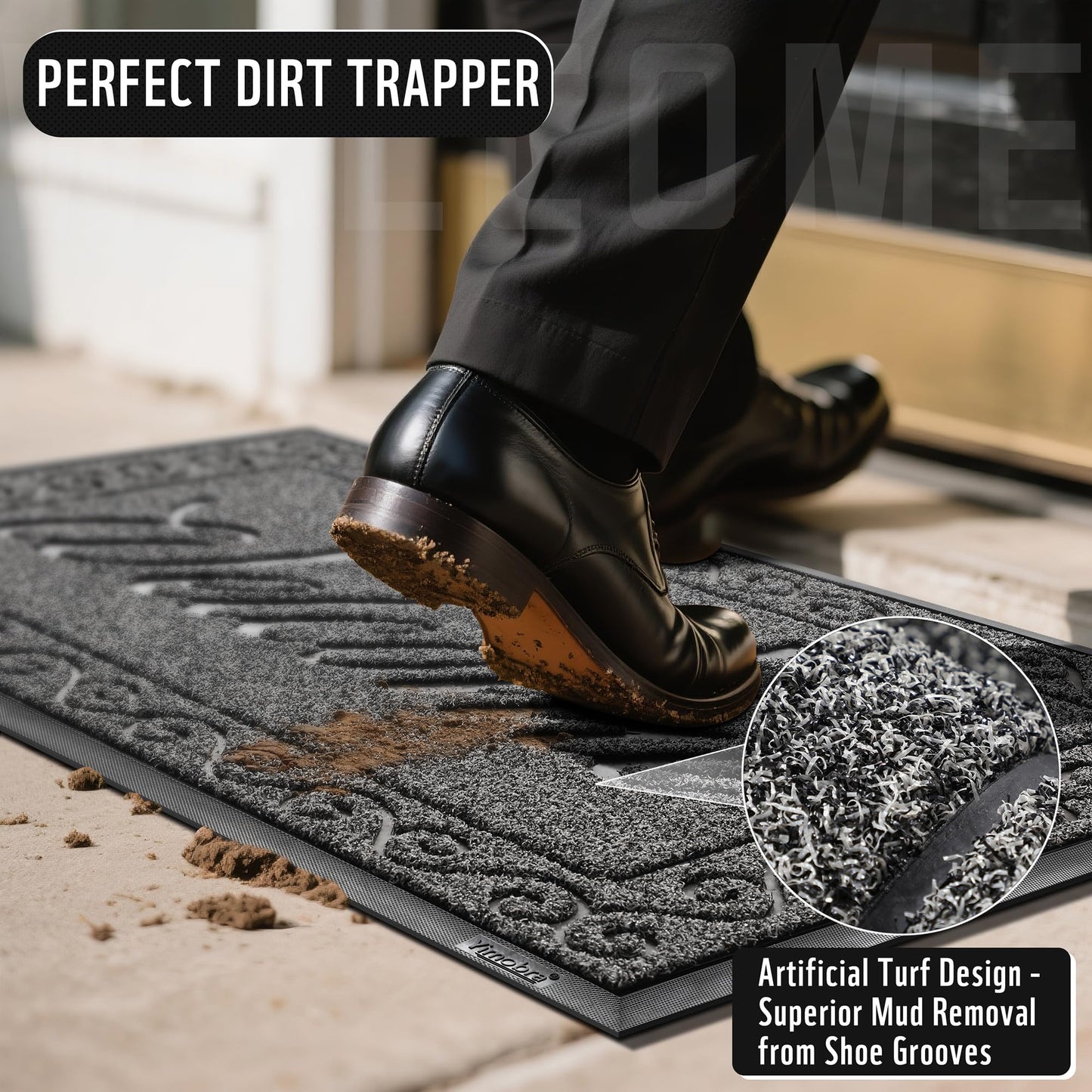 Yimobra Welcome Mat, Heavy Duty Sturdy Door Mats for Home Entrance Outdoor Indoor, Front Doormat for Outside Patio Floor Entry Porch Garage Office, Waterproof, Low Profile, 47X32 Inches, Black Grey