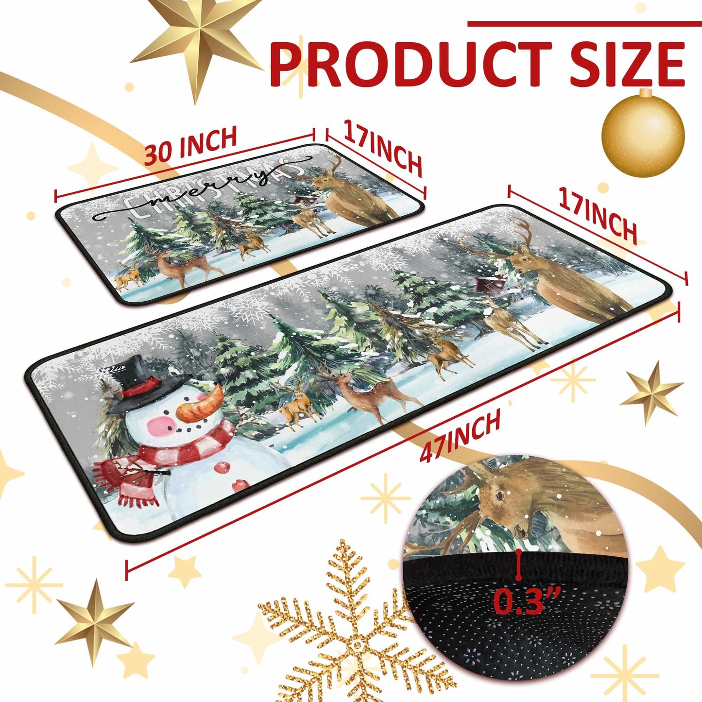 Christmas Kitchen Rugs and Mats Set of 2, Xmas Decor Non Slip Backing Xmas Trees Rug Winter Holiday Kitchen Rug Christmas Decorations for Home Low-Profile Kitchen Floor Mat 17"X47"+17"X30"