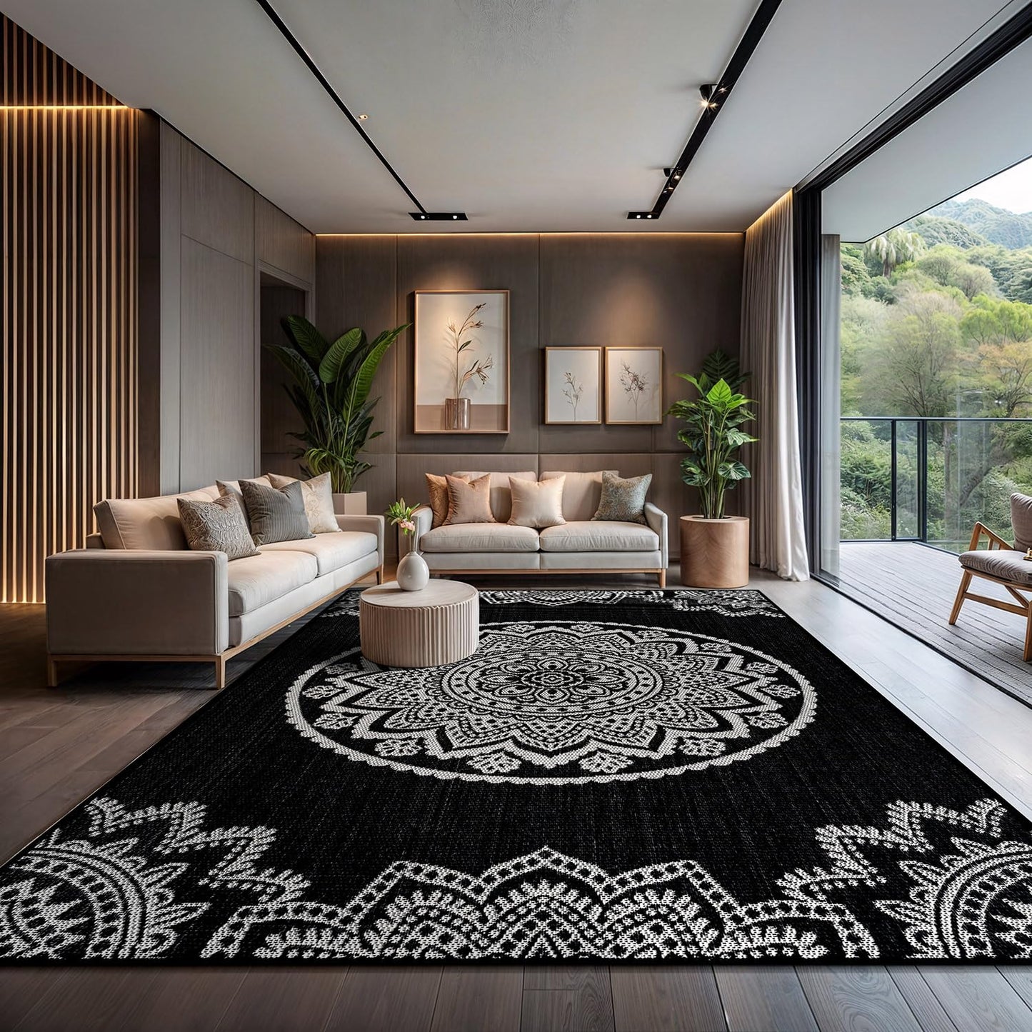 CAMILSON Outdoor Rug 10x14 Modern Large Area Rugs for Indoor and Outdoor Patios and Porches - Washable Non-Shedding Easy-to-Clean Outside Carpet (10 x 14 Medallion - Black/White)