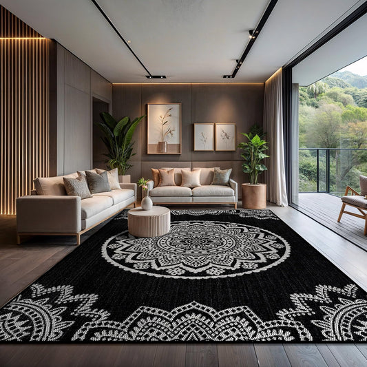CAMILSON Outdoor Rug 10x14 Modern Large Area Rugs for Indoor and Outdoor Patios and Porches - Washable Non-Shedding Easy-to-Clean Outside Carpet (10 x 14 Medallion - Black/White)