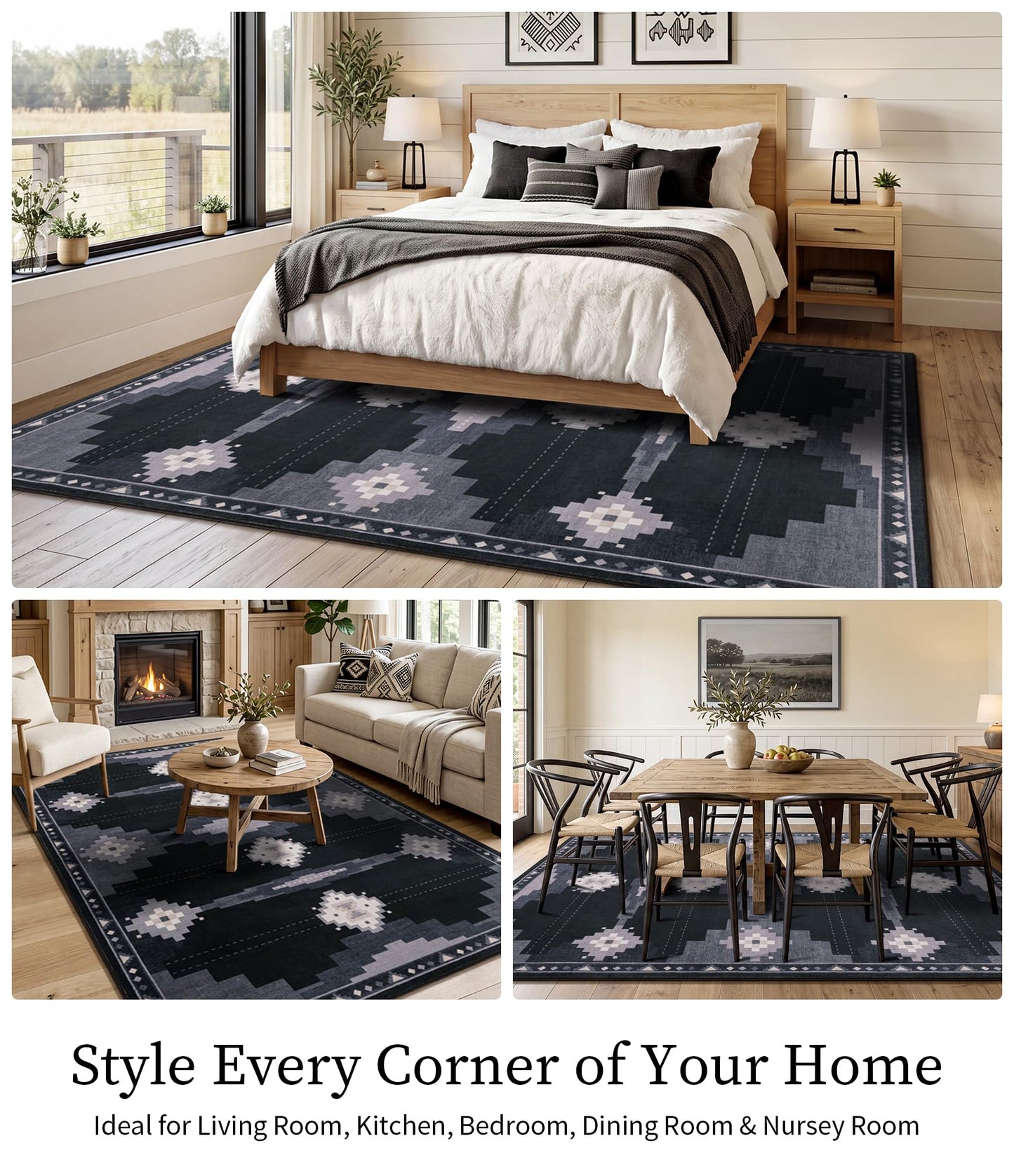 5'x7' Washable Area Rug for Living Room, Black and Grey Western Aztec Rug