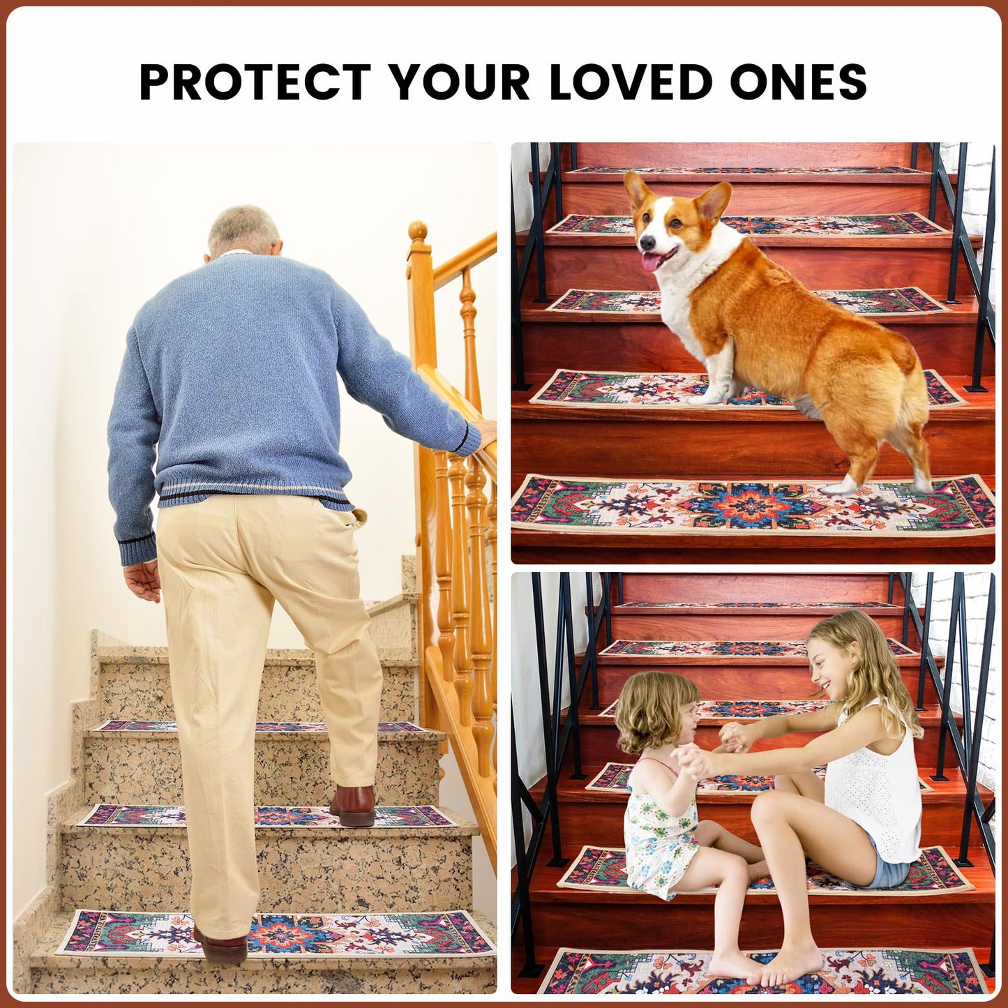 No Slip Stair Treads for Wooden Steps, Machine Washable Stair Runners 15 Pack 30x8 for Pets, Kids & Elders, (Boho - Orange)