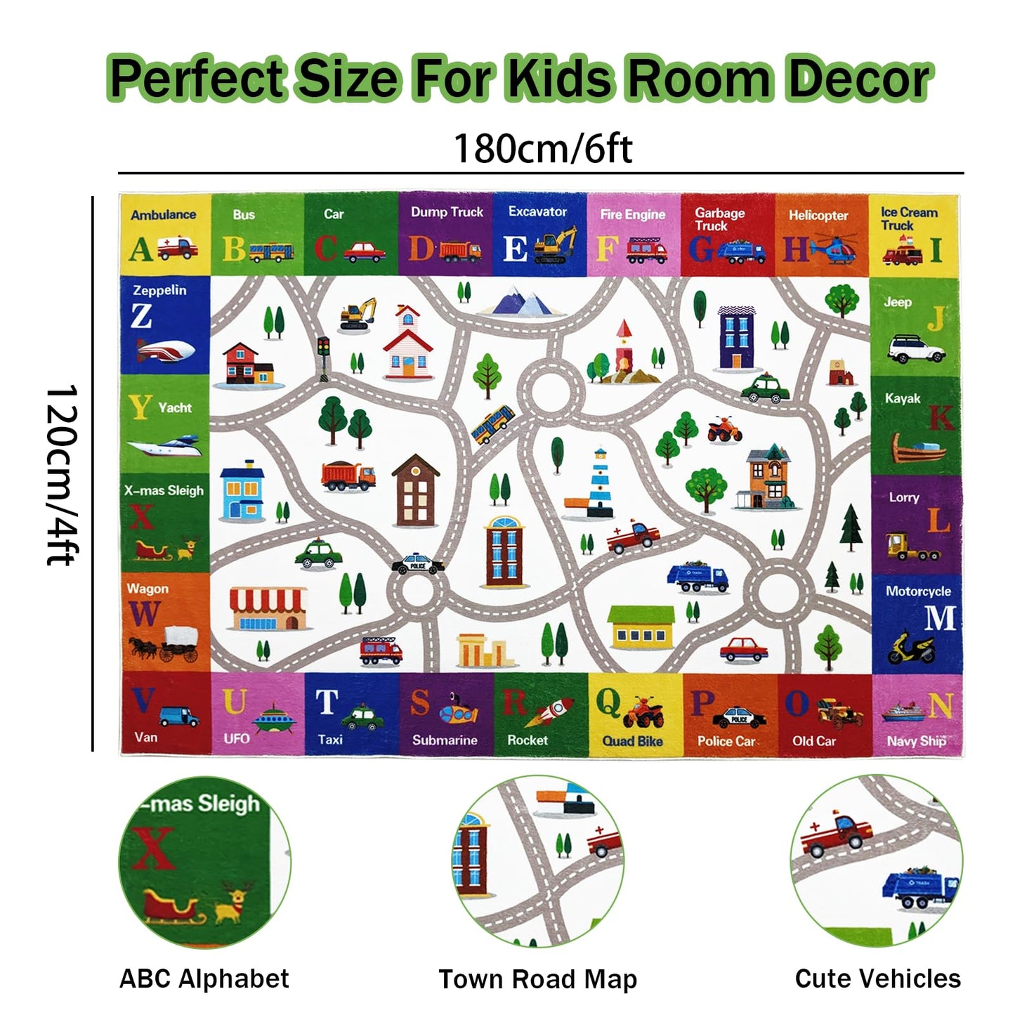 Lacomfy Kids Rug 4x6Ft ABC Car Road Map Play Mat Carpet for Boys Girls Bedroom Playroom Classroom, Vehicles & Alphabet Town Track Learning and Educational Children Area Rug, Nonslip, Indoor Decor
