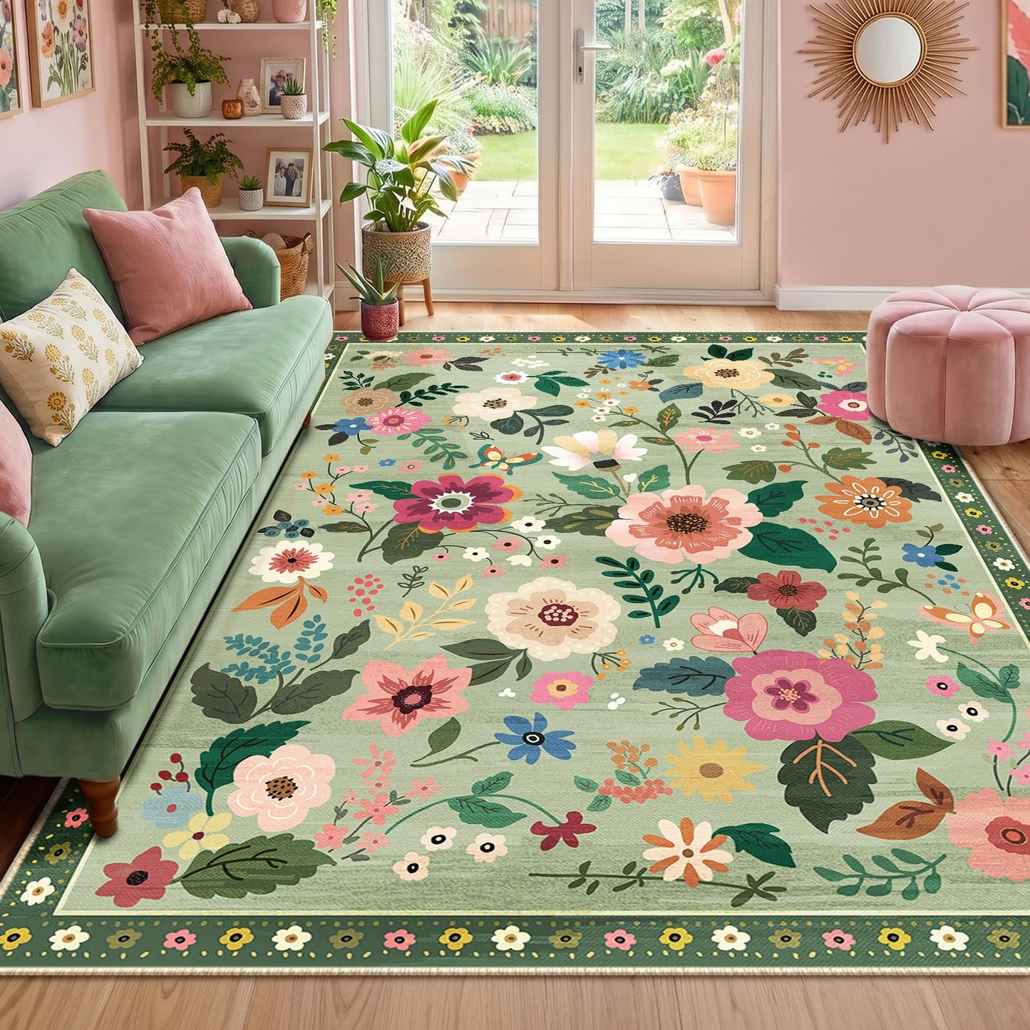 RELEANY Floral 5x7 Area Rugs Washable Print Boho Cute Carpet Non Slip Flower Low Pile for Living Room Bedroom Kitchen Office Farmhouse-Light Green