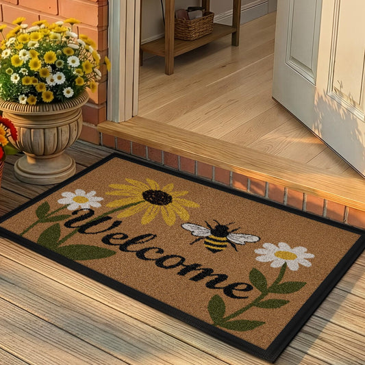 Color&Geometry Welcome Mat, 24x36 Front Door Mat Outside Entrance, Heavy Duty Non Slip Entry Mats, Entryway Doormat Dirt Trapper for Patio Garage Porch Home Decorative, Bee and Flower