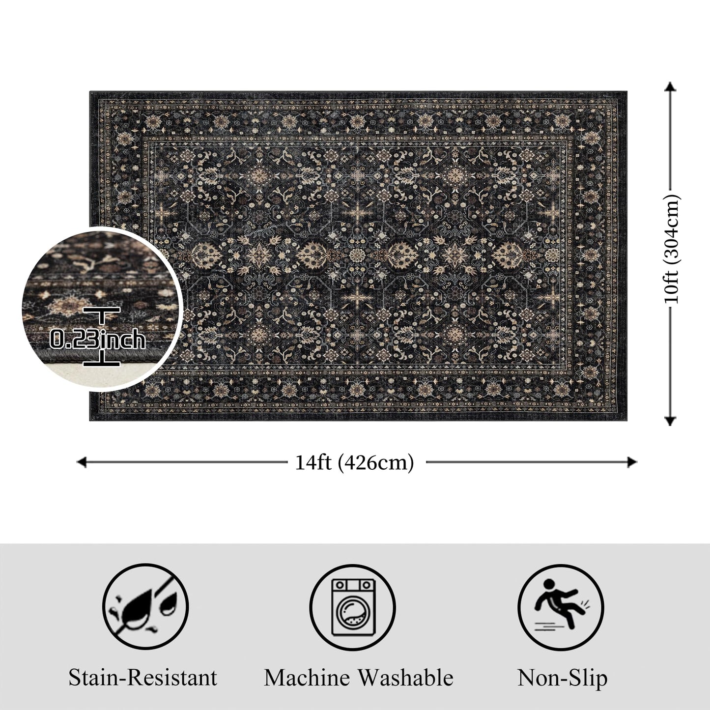 Ruaruarug Washable Area Rug 10x14 for Living Room, Bedroom, Ultra Soft Non Slip Stain & Fade Resistant, Pet & Kids Friendly, Suitable for High Traffic Areas Easy to Clean for Kitchen, Black Grey