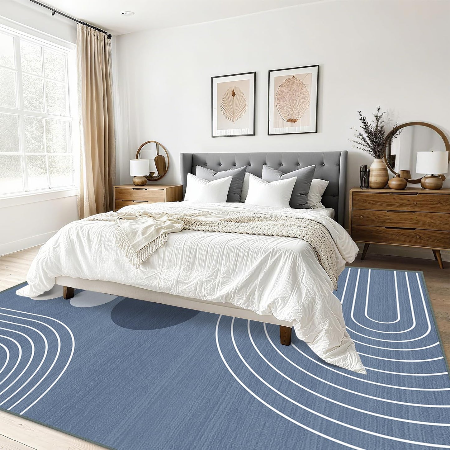 Area Rug 5x7 Boho Modern Minimalist Geometric Abstract Rug Dusty Blue Mid Century Modern Rug for Living Room Machine Washable Non-Slip Printed Low Pile Indoor Carpet for Bedroom Dining Room Office