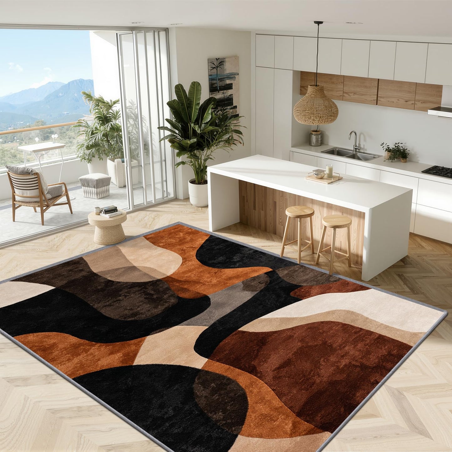 Phtbz Modern Abstract Rugs for Living Room - 7x9 ft, Earth Tone Geometric Rug, Brown Abstract Mid Century Rugs for Living Room Bedroom, Geometric Washable Area Rug Soft Carpet, Mid Century Decor