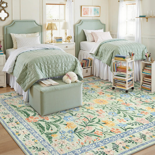 Lahome Sylvie Green 8x10 Playroom Nursery Rug, 8x10 Boho Soft Classroom Bedroom Rug, Ultra-Thin Cottage Core Decor Throw Carpet for Home Office Dinning Kids Room, Green/Multi