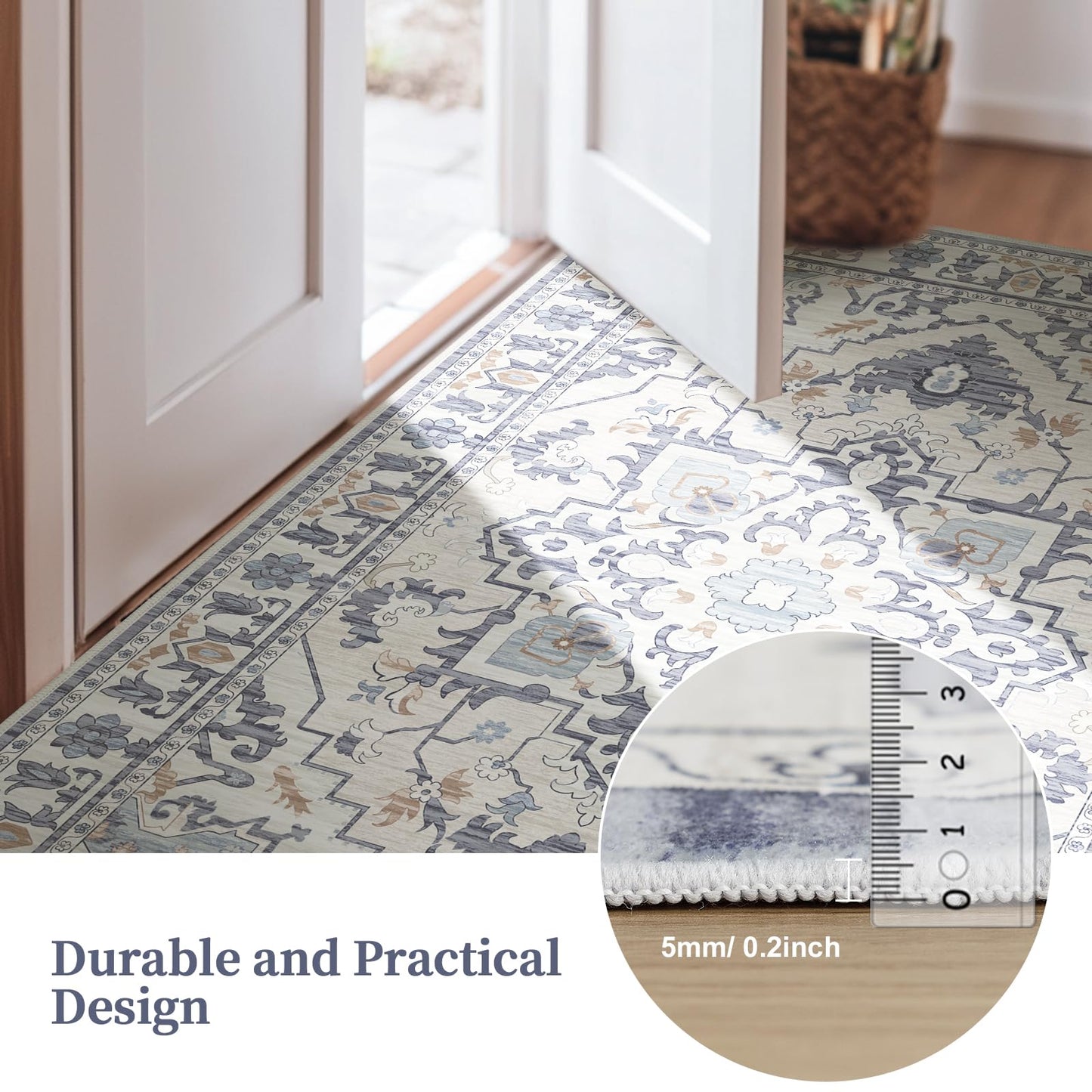 DUMOS 9x12 FT Large Area Rug for Living Room, Machine Washable Low-Pile Rug with Non-Slip Backing, Durable Edge Binding for Dining Room, Bedroom, Vintage Blue