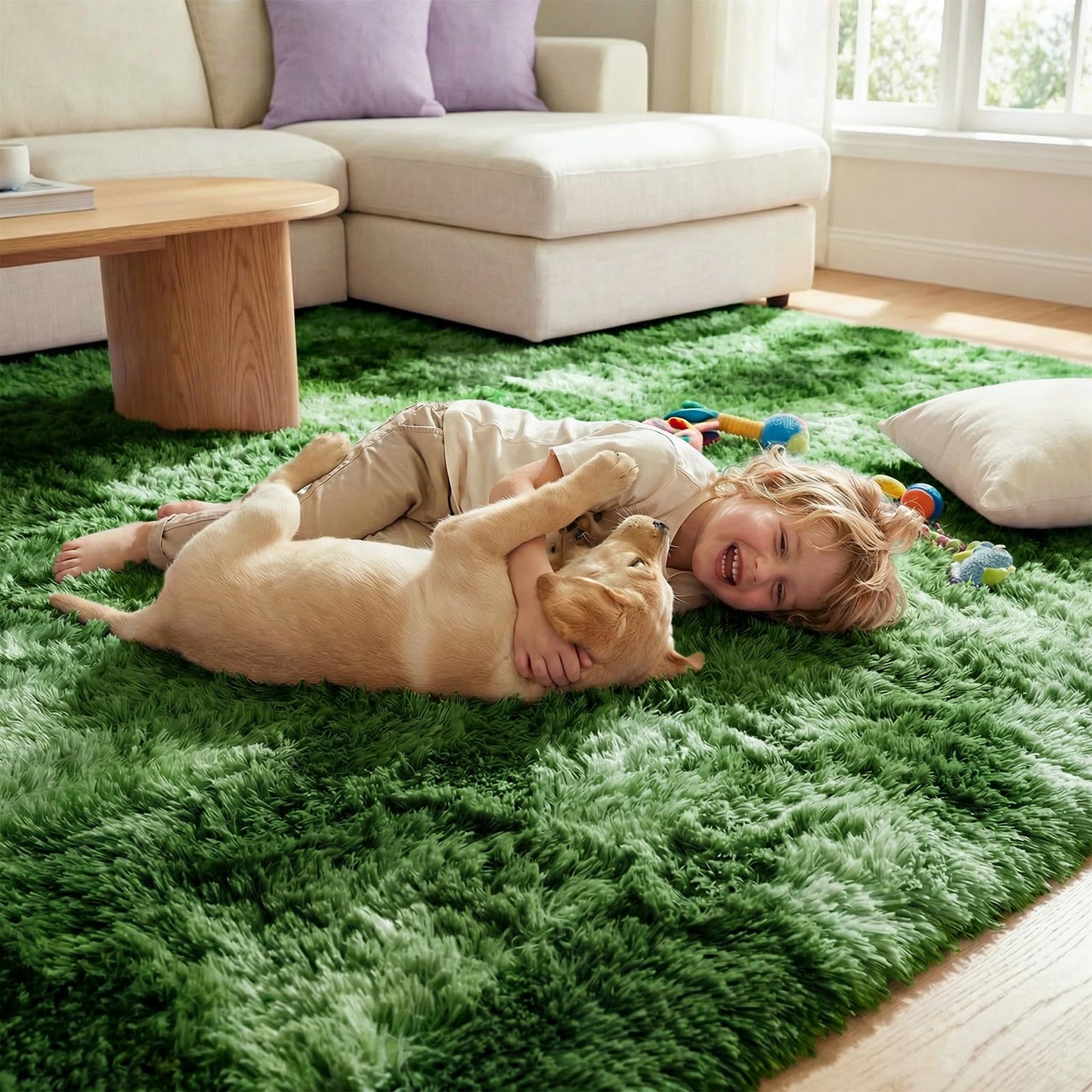 DweIke Fluffy Dark Green Rugs for Bedroom Living Room, 3x5 Feet Soft Plush Shaggy Tie-Dyed Forest Moss Green Girls Boys Kids Rug, Non-Slip and Machine Washable Carpet for Dorm Nursery Decor