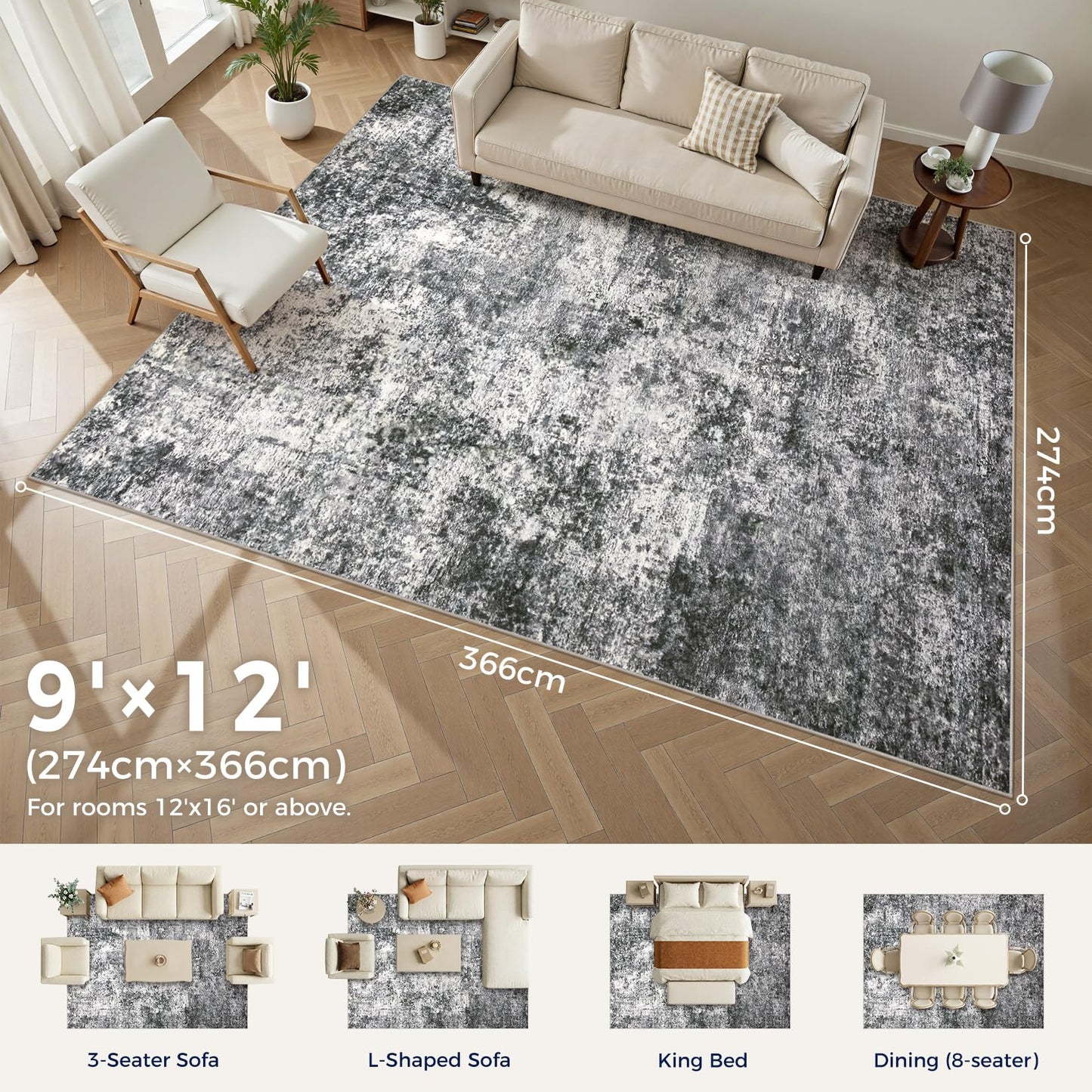 DMOYEST Area Rug Living Room Rugs - 9x12 Large Soft Indoor Neutral Modern Abstract Low Pile Washable Rug Carpet for Bedroom Dining Room Farmhouse Home Office - Grey