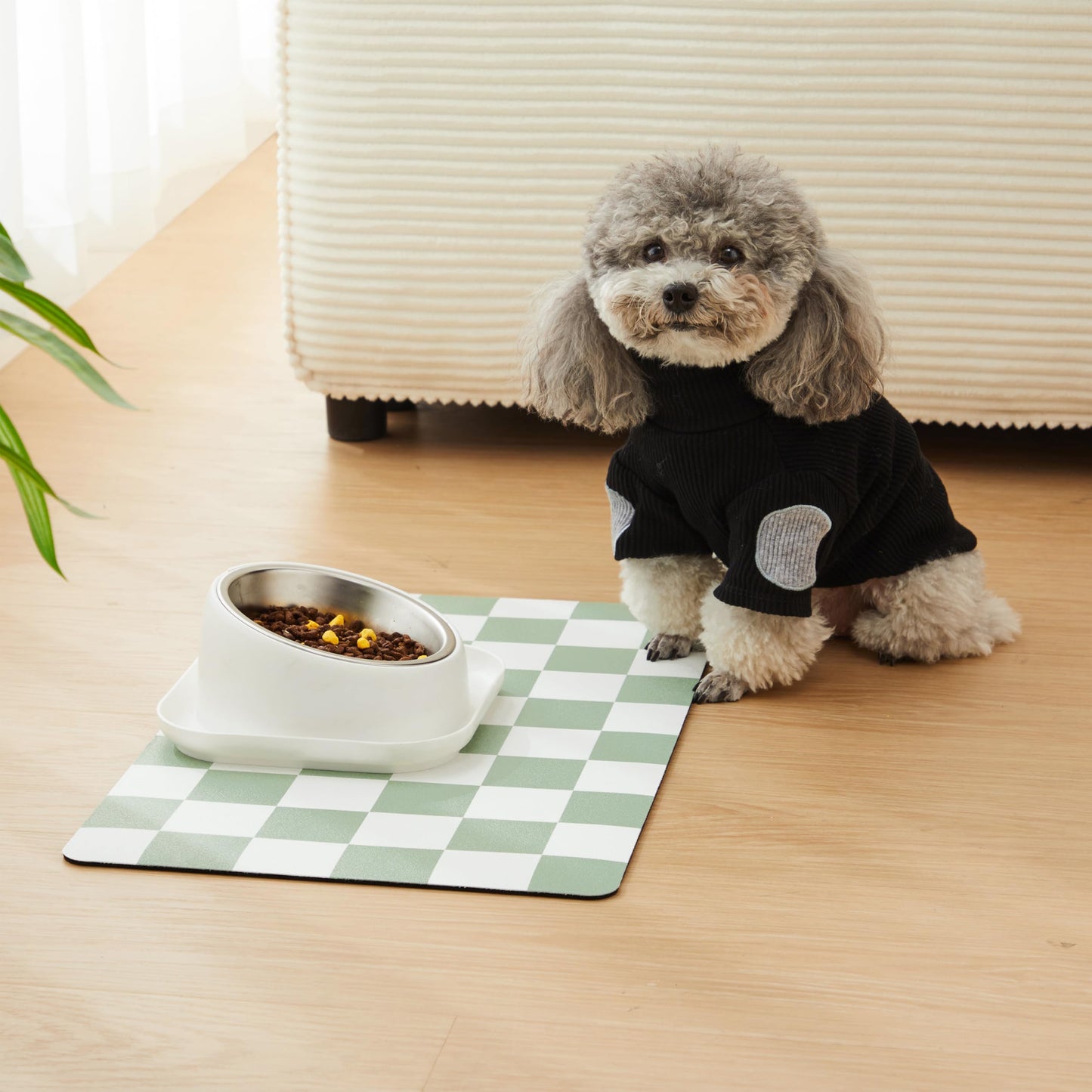Ralxion Checkered Dog Feeding Mat, Absorbent Mats for Dog Food and Water Bowl, Dispenser, Retro Modern Aesthetic Sage Green Checkerboard Pet Placemat for Dogs, Cats, Puppy Accessories, 12" X19”