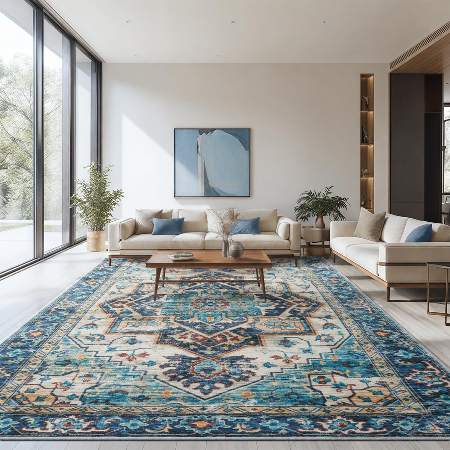 Mueinxiei Washable Vintage Area Rugs 9x12 Large Medallion Pattern Rugs, Non Slip Water Repellent Low Pile Carpet for Living Room Bedroom Dining Room Gemstone Blue