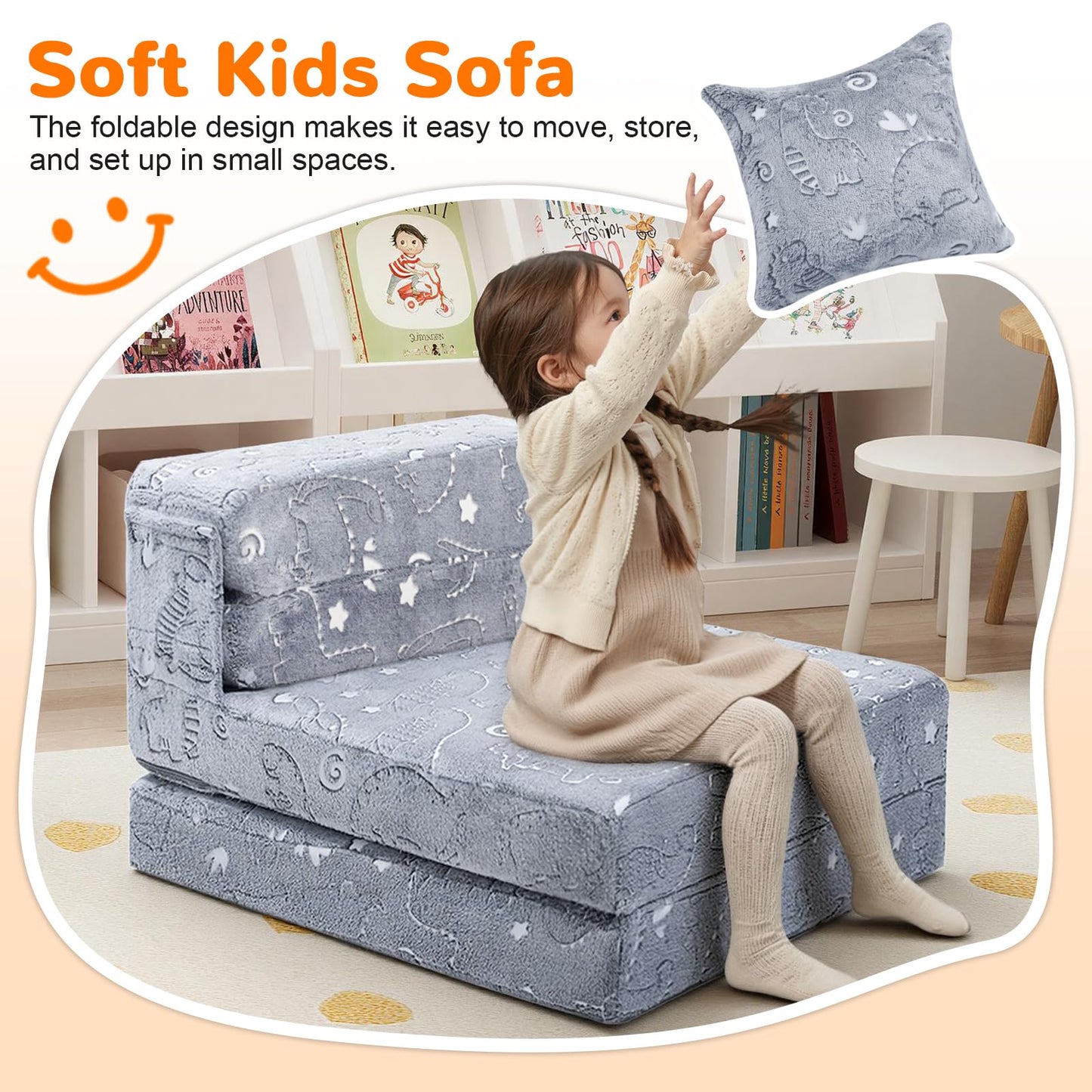 MeMoreCool Kids Floor Mattress Glow in The Dark, Convertible Sofa Couch, Folding Futon Chair Bed for Kids Playroom (Glowing Dinosaur)
