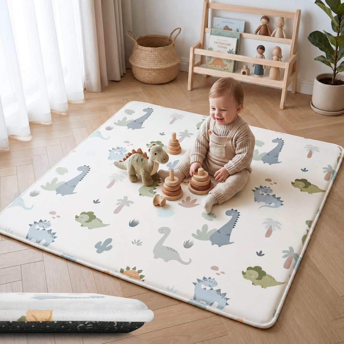 PaPaMat 1.5" Thick Baby Play Mat 50x50 Memory Foam Crawling Mat for Floor, Non-Slip Tummy Time Playmat for Toddlers Infant, Nursery, Dinosaurs
