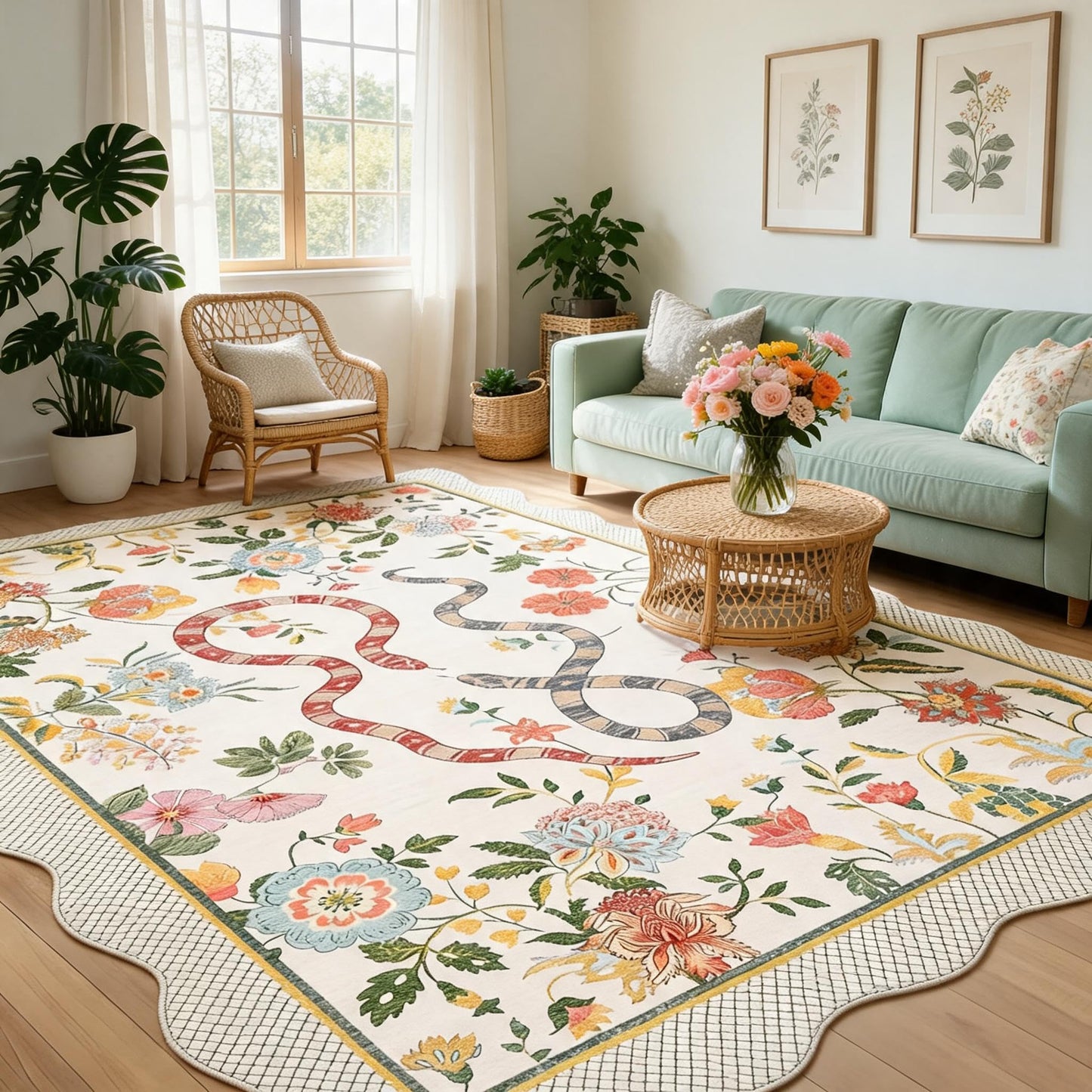 LUXLOOM Large Scalloped Area Rug Washable 10x13 Modern Floral Living Room Rug Soft Non Slip Low Pile Indoor Carpet Stain Resistant Flower Animal Patter Carpet for Playroom Beige